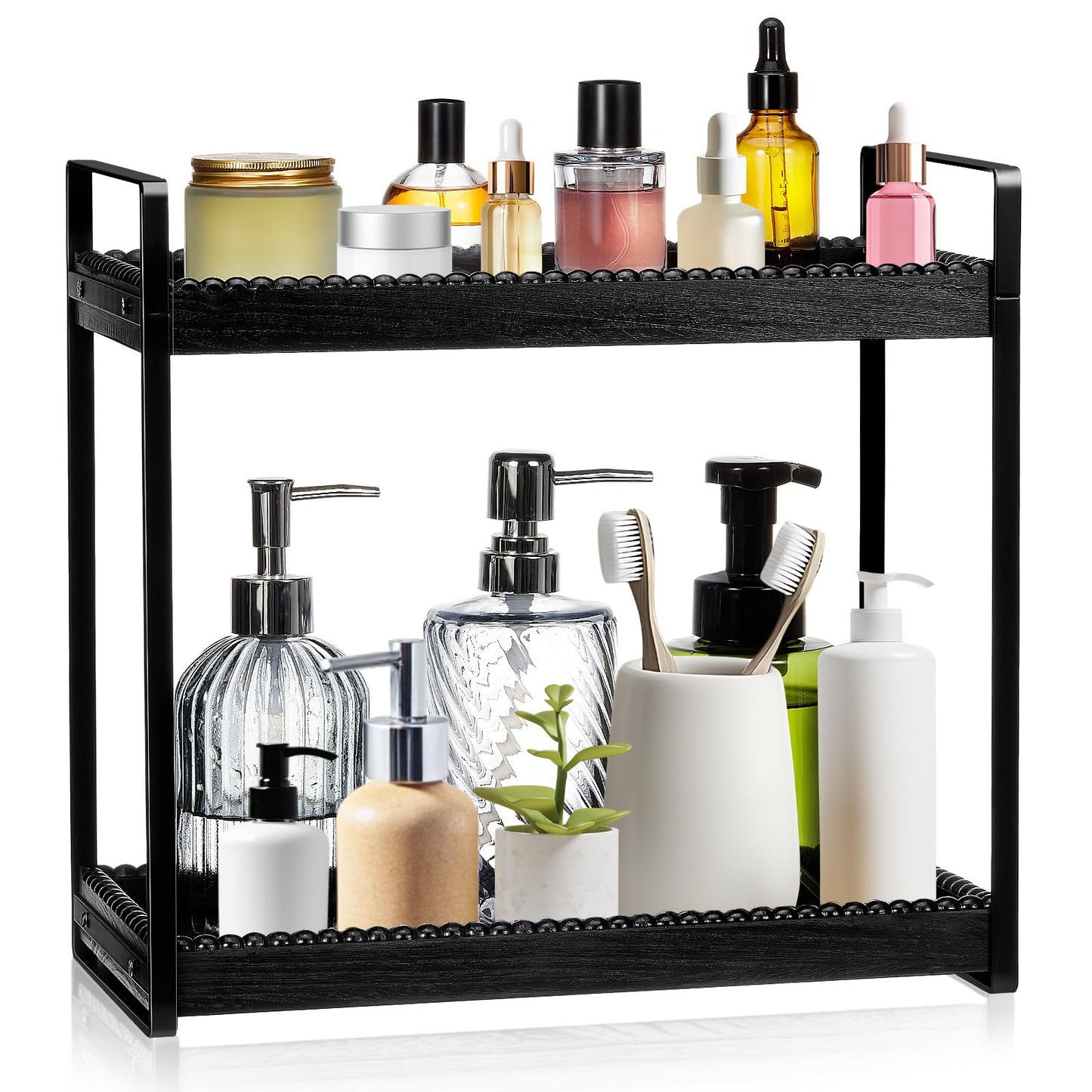 DoubleFill Bathroom Countertop Organizer, 2 Tier Wood Bead Vanity Organizer Tray for Bathroom Cosmetic Skincare Perfume Kitchen Coffee Station Organization(Black,Classic)