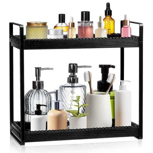 DoubleFill Bathroom Countertop Organizer, 2 Tier Wood Bead Vanity Organizer Tray for Bathroom Cosmetic Skincare Perfume Kitchen Coffee Station Organization(Black,Classic)