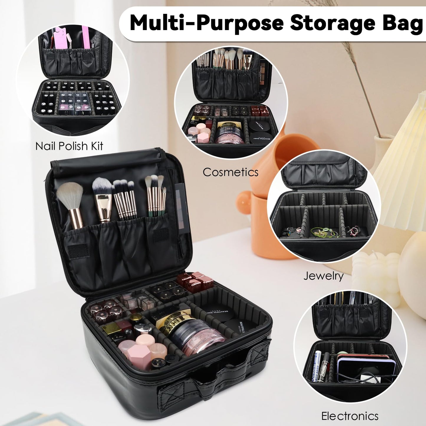 SLUMAZI Travel Makeup Bag Makeup Cosmetic Train Case Organizer Portable Storage Bag with Adjustable Dividers for Cosmetics Makeup Brushes Toiletry Jewelry Black Laser Grid Pattern