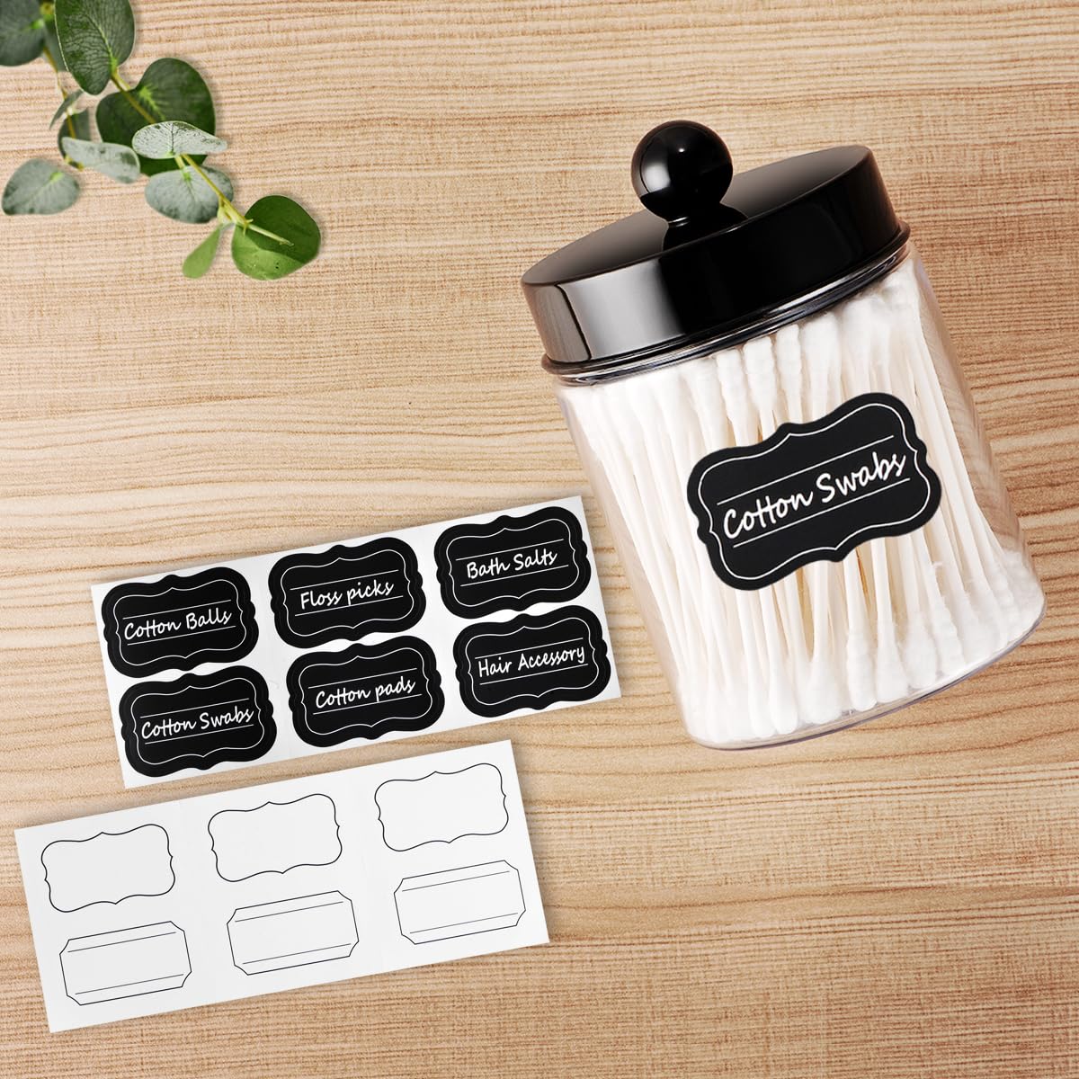 Amolliar Apothecary Jars Bathroom Vanity Storage Organizer Set -Countertop Canister Plastic Acrylic Jar - Farmhouse Decor Qtip Holder for Cotton Swabs,Makeup Sponges,Flossers ,Paper Clips-Black (4)