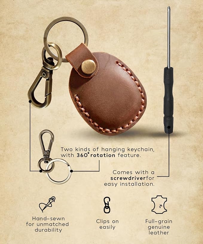 Genuine Leather AirTag Keychain Compatible with Apple AirTag Case Leather Key Ring. Anti Lost Anti Scratch Secure Key Chain Holder for Pet Collar Luggage Travel. Full Cover Protective Air Tag Keyring