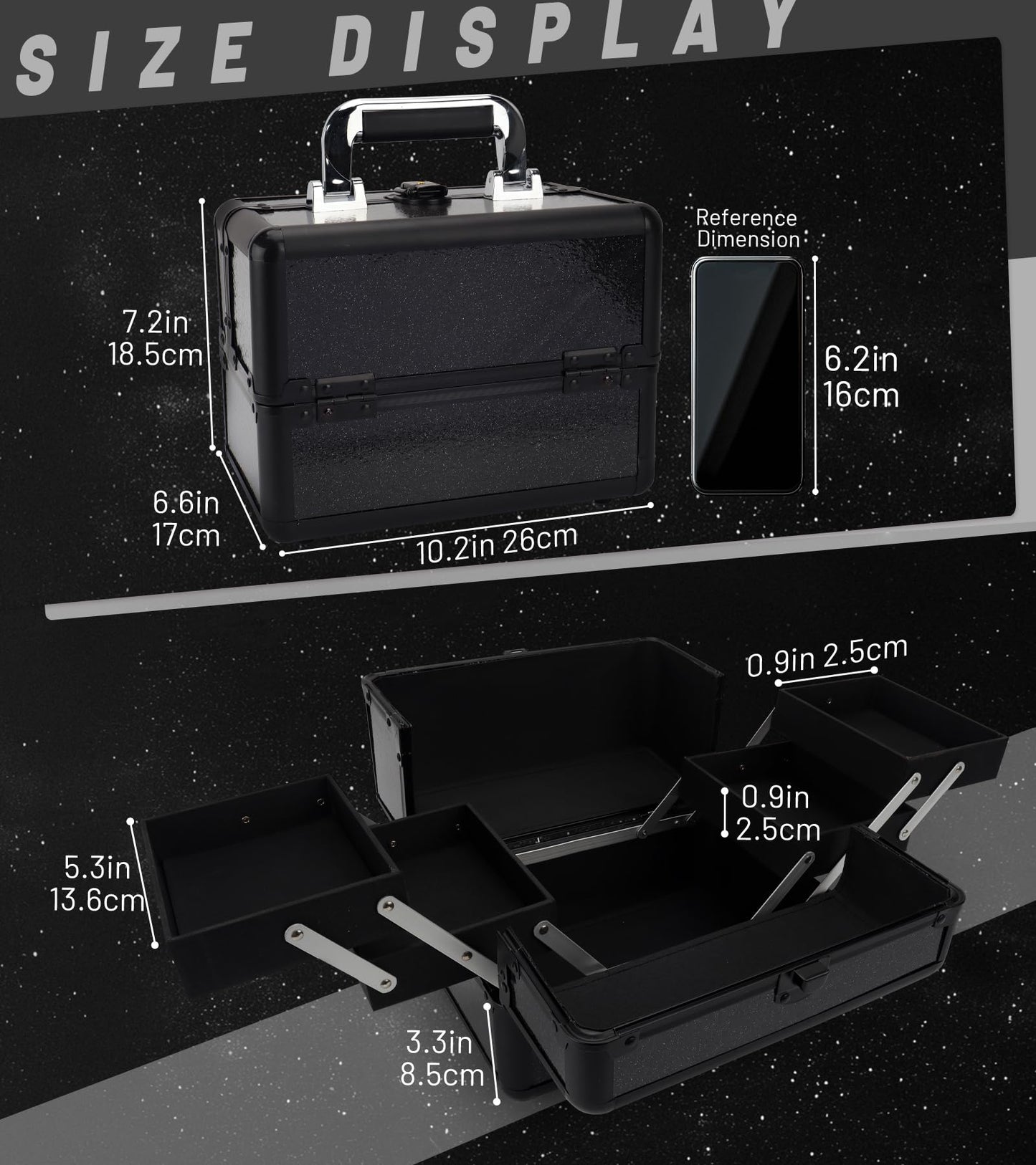 HAISKY Makeup Train Case, 10.2 in Hard Vanity Makeup Box Organizer, Starry Black Cosmetic Organizer Case with 4 Trays, Lockable Portable Makeup Artist Travel Case for Nail Tech Supplies