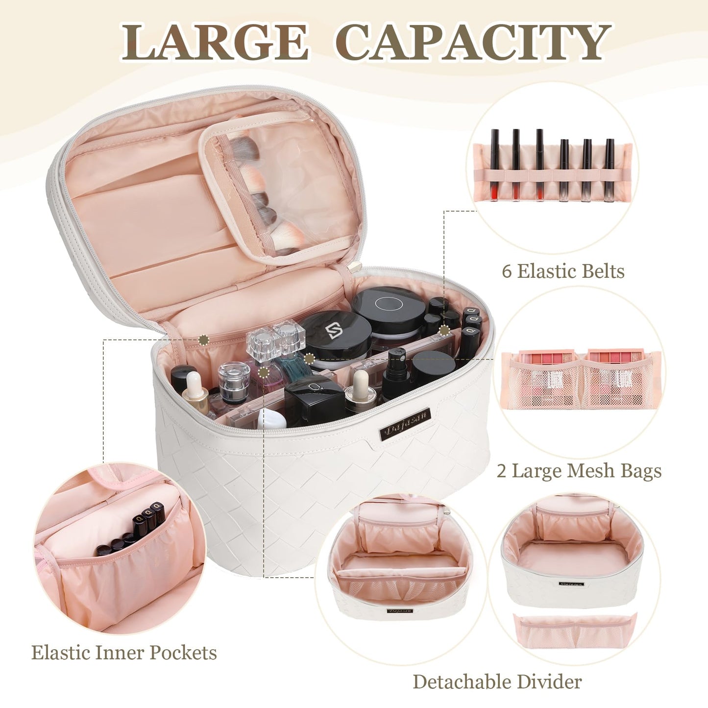 Dajasan Makeup Bag, Portable Travel Cosmetic Bag, Large Makeup Organizer Bag, PU Leather Makeup Organizer Case, Travel Toiletry Bag for Women Girls, 11.81 x 6.7 x 7.09 Inch
