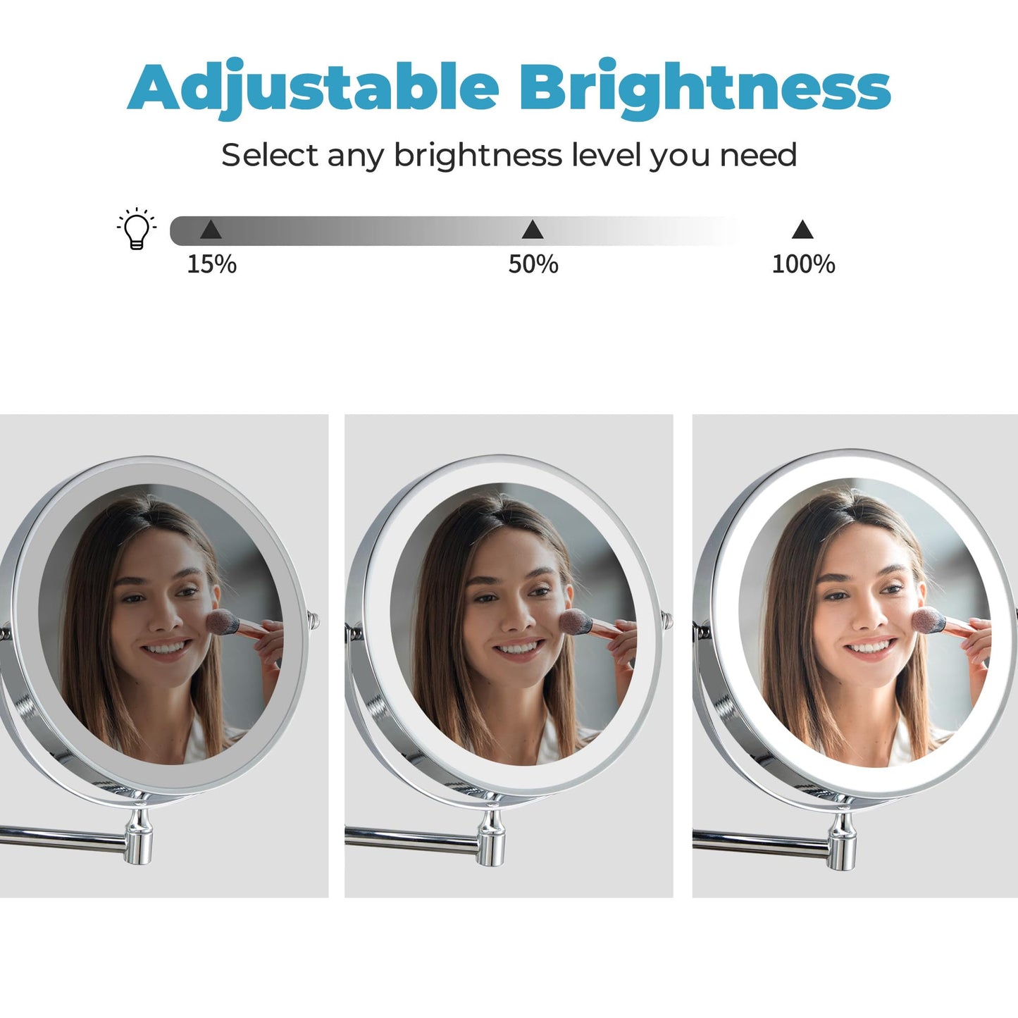 Fab Glass and Mirror Lighted Vanity Wall Mirror 1X/10X Magnifying, 8" Rechargeable 2000mAh Wall Mounted Makeup with 3 Color LED, Double-Sided Bathroom Touch Dimmable 360 Rotation Chrome