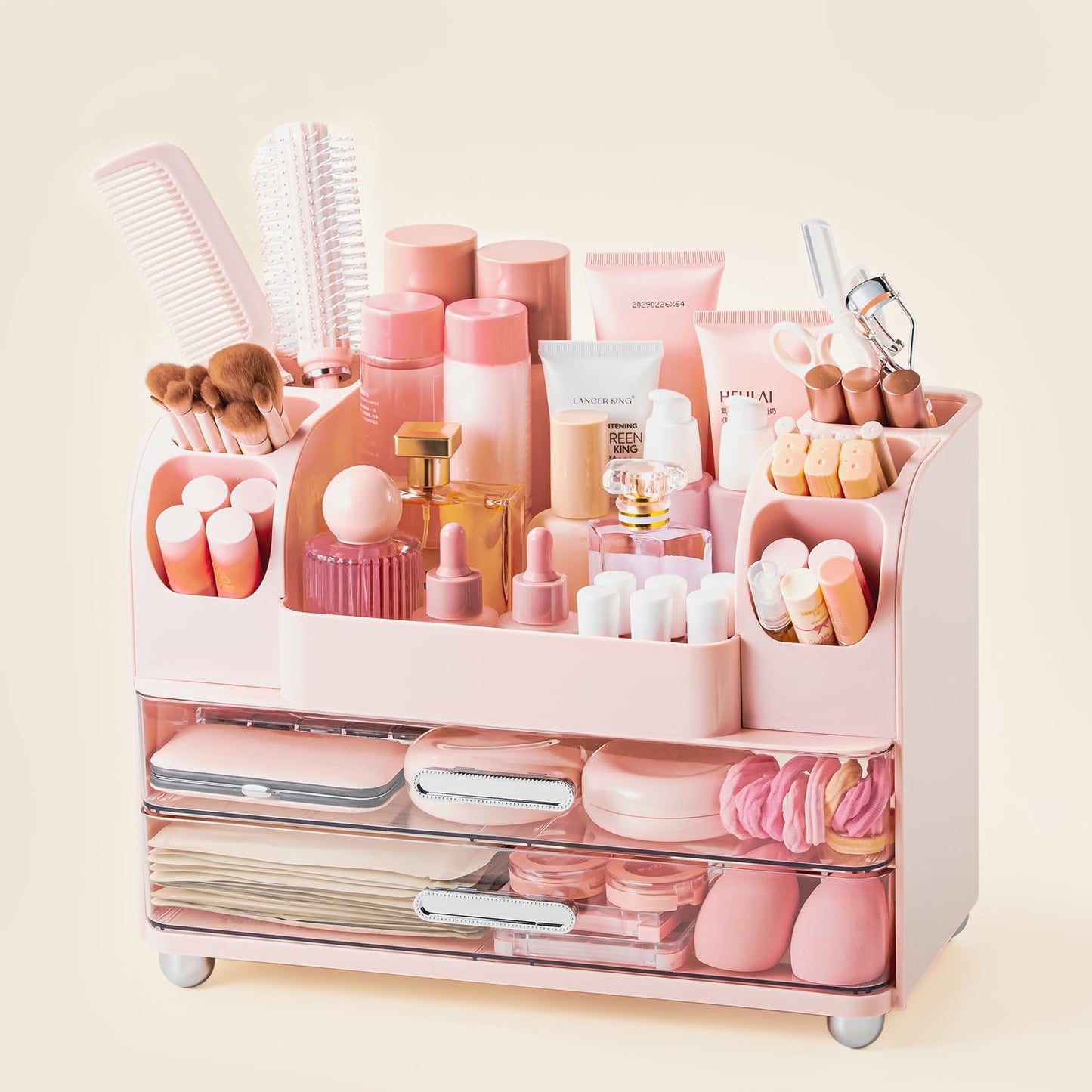 Makeup Organizer with Brush Holder, Makeup Organizer Countertop with 2 Drawers, Make up Organizers for Vanity, Vanity Organizer, Makeup Storage For Skin Cares,Makeup Brushes,Lipsticks,Perfumes(Pink)