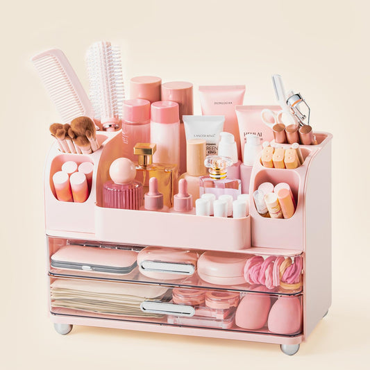 Makeup Organizer with Brush Holder, Makeup Organizer Countertop with 2 Drawers, Make up Organizers for Vanity, Vanity Organizer, Makeup Storage For Skin Cares,Makeup Brushes,Lipsticks,Perfumes(Pink)