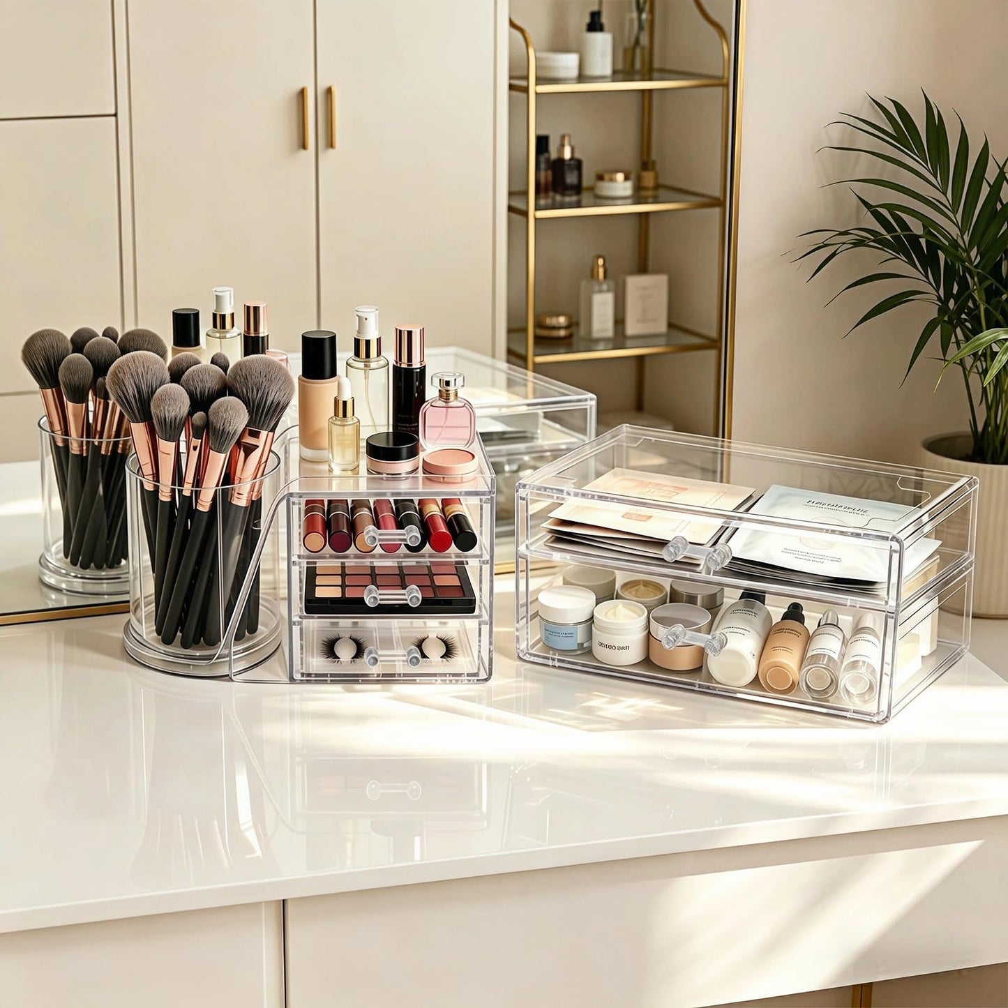 Mjepludh Clear Acrylic Makeup Organizer Countertop 360° Rotating & Removable Storage Tower, 5 Drawers Vanity Organizer for Lipstick, Brush, Skincare Makeup Storage for Dresser, Bathroom or Desk