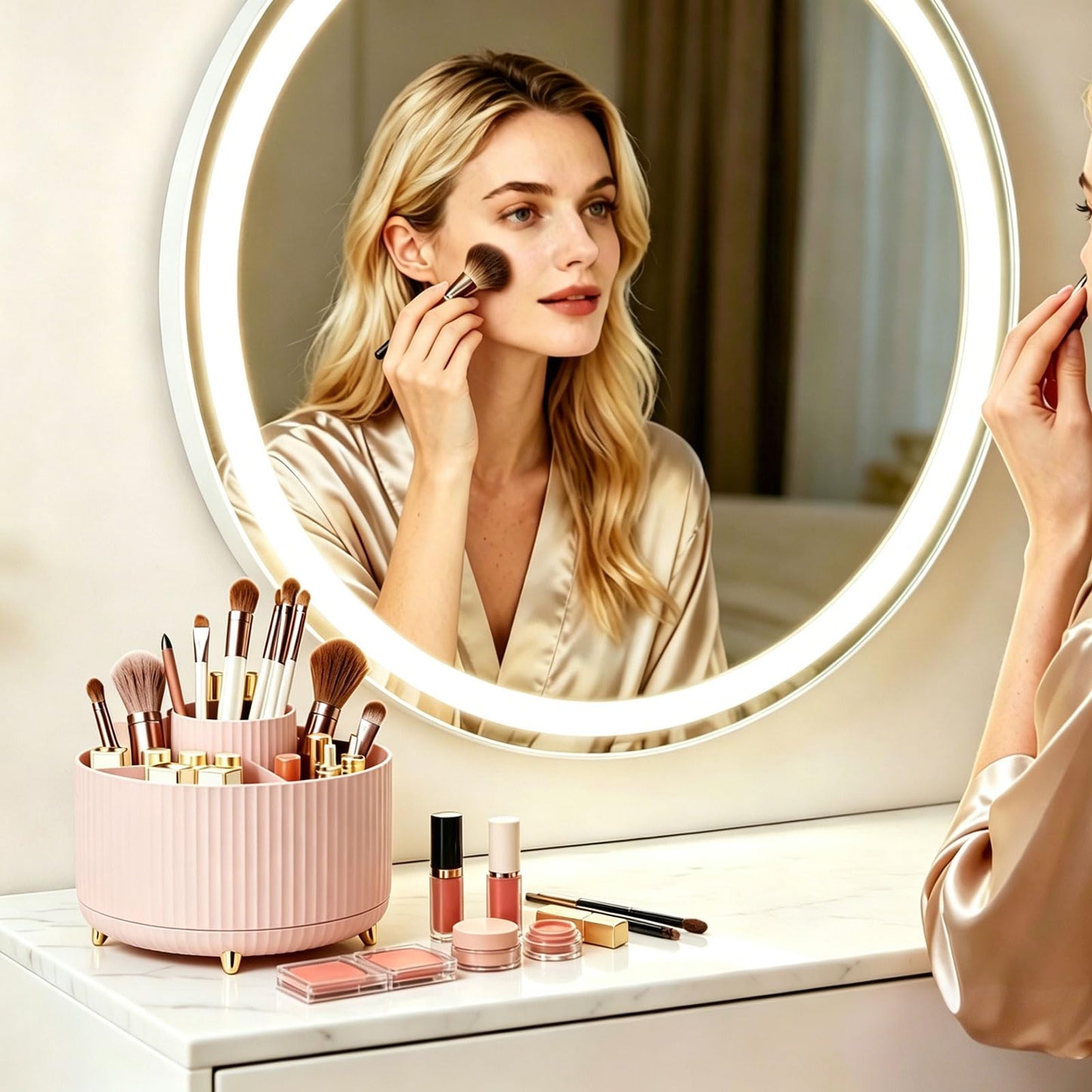 HJUHBDJ 360°Rotating Makeup Brush Holder Organizer, Pink Countertop Cosmetic Display Case, Spinning Skincare Storage Carousel for Vanity, Desktop & Bathroom
