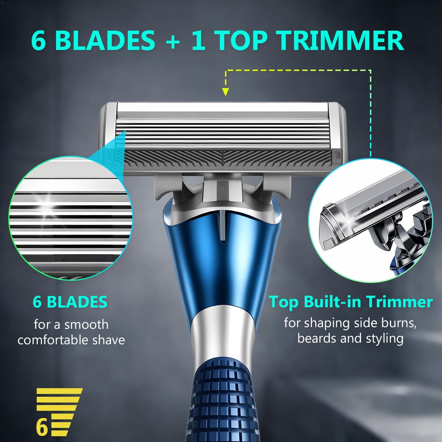 FYNEDGE 6-Blade Razor Refill Cartridges 4 Count, Professional Razor Blades for Men with Lubricating Strip, Wall Hook & Cleaning Brush Included for Smooth Shaving with Matching Handle