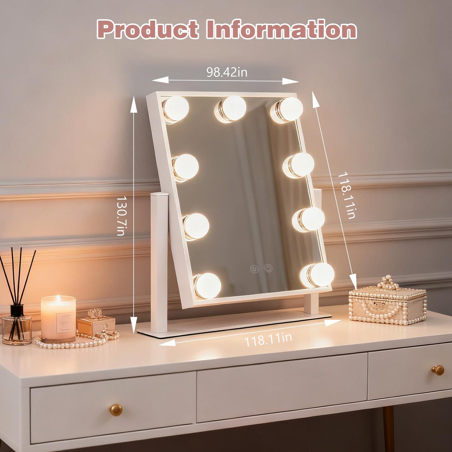 Vanity Mirror with Lights, Lighted Vanity Mirror with 9 Dimmable Bulbs for Dressing Room & Bedroom, 3 Color Lighting Modes, Detachable 10x Magnification 360°Ratation (White)