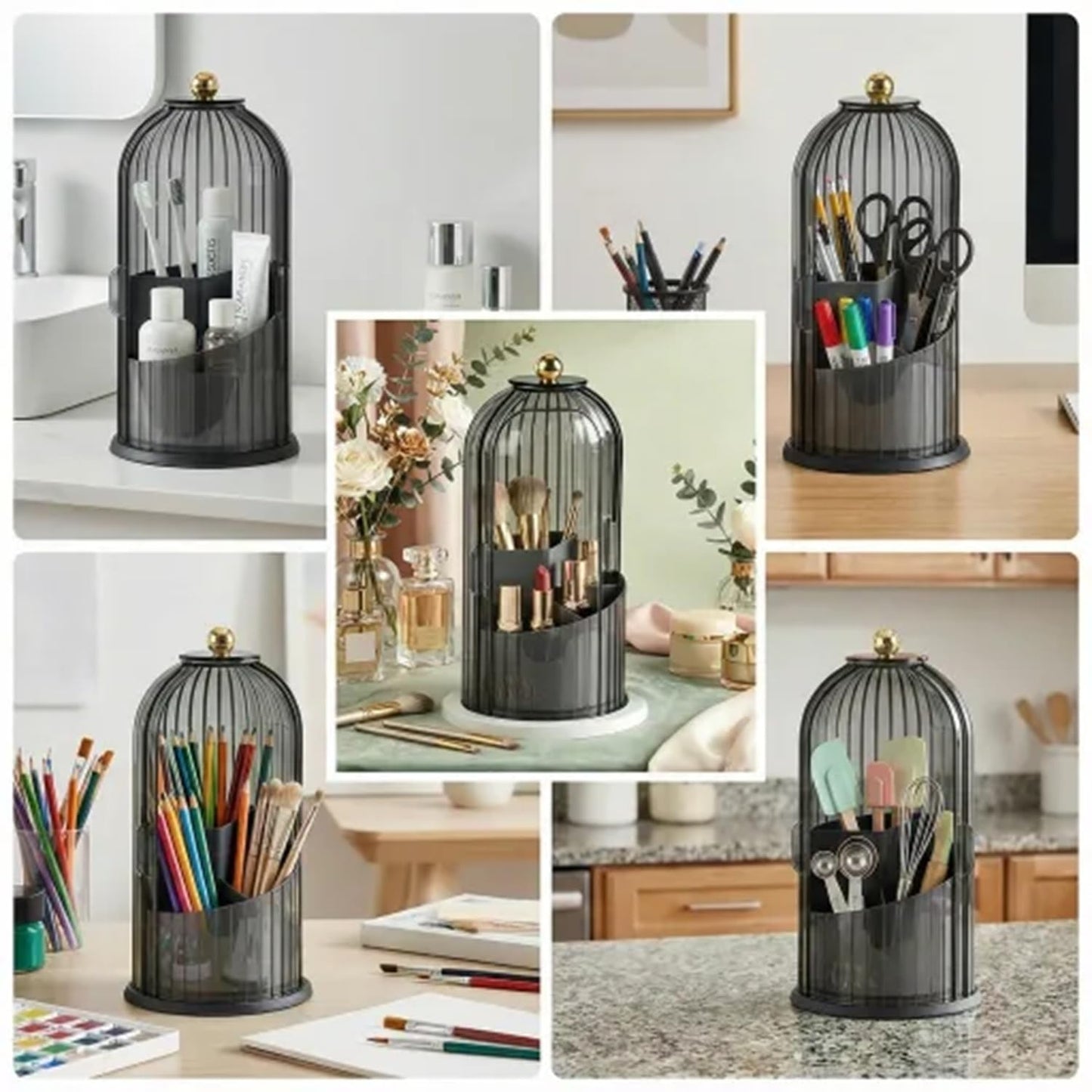 sagact Makeup Brush Holder with Lid 360° Rotating 3-Compartment Makeup Organizers for Vanity, Waterproof & Dustproof Cosmetic Storage Box for Dressing Table (Transparent Black)