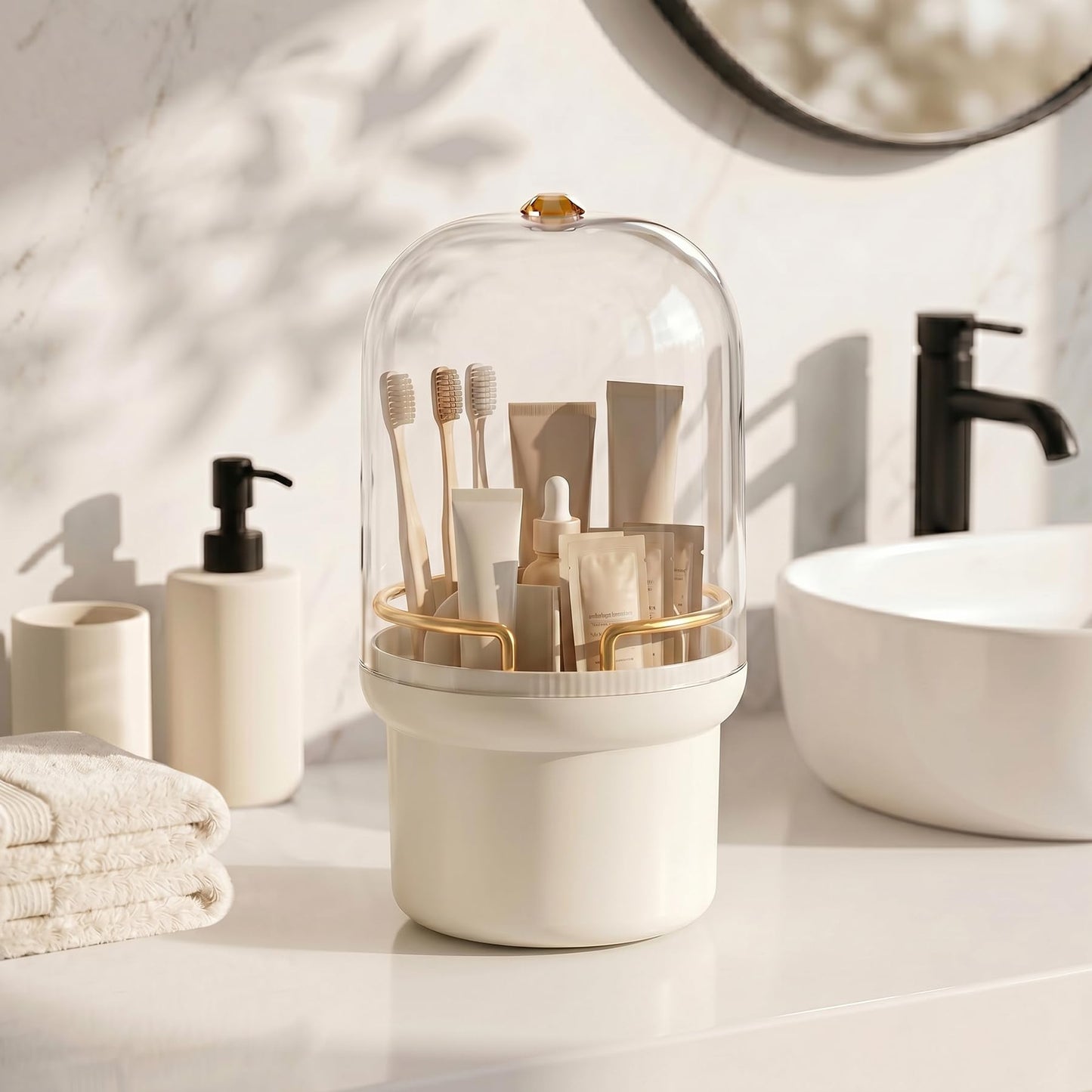 Makeup Brush Holder, 360° Rotating Cosmetic Display Cases with Clear Lid, Bathroom Countertop Organizer for Vanity, Waterproof Toothbrush Holders for Make Up Brushes, Toothpaste, Lip Gloss (Cream)
