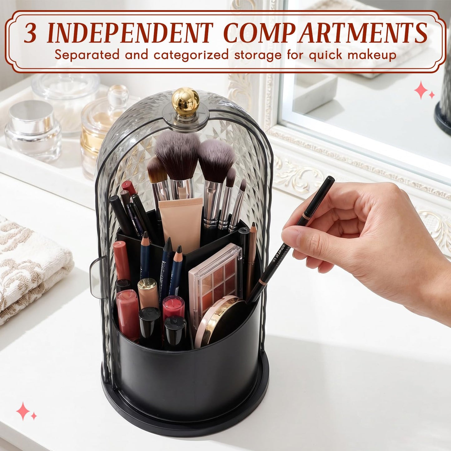 Acellegic 4 Pack Makeup Brush Holder with Lid 360° Rotating Cosmetic Organizer with 3 Compartments Dustproof Beauty Brush Storage for Vanity Bathroom Countertop(Black)