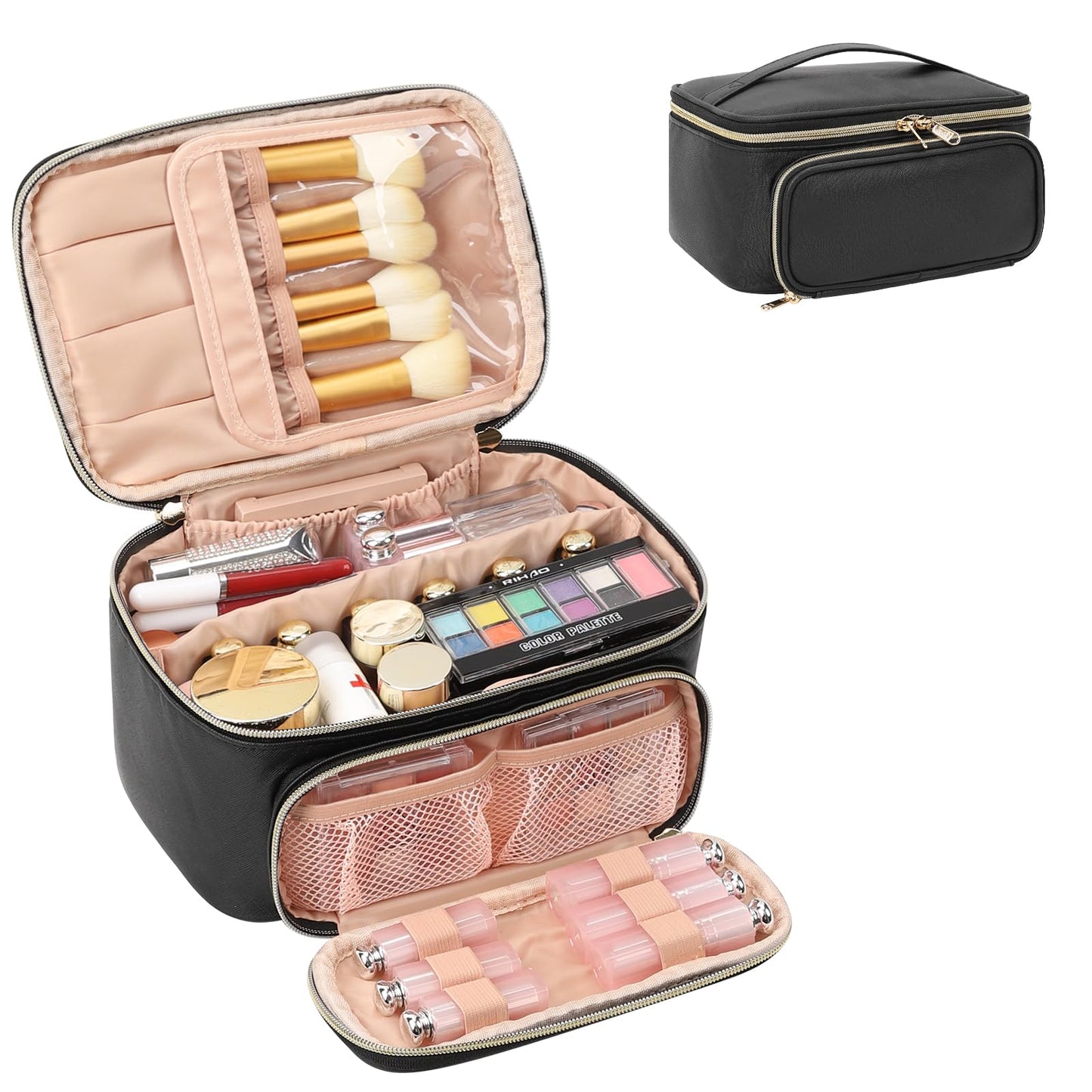 OCHEAL Makeup Bag, Multifunctional Make Up Bags with Zipper Pouch Large Compact Makeup Bag Organizer for Women Girls Cosmetics Toiletry Brushes Storage Makeup Case with Handle Divider-Black