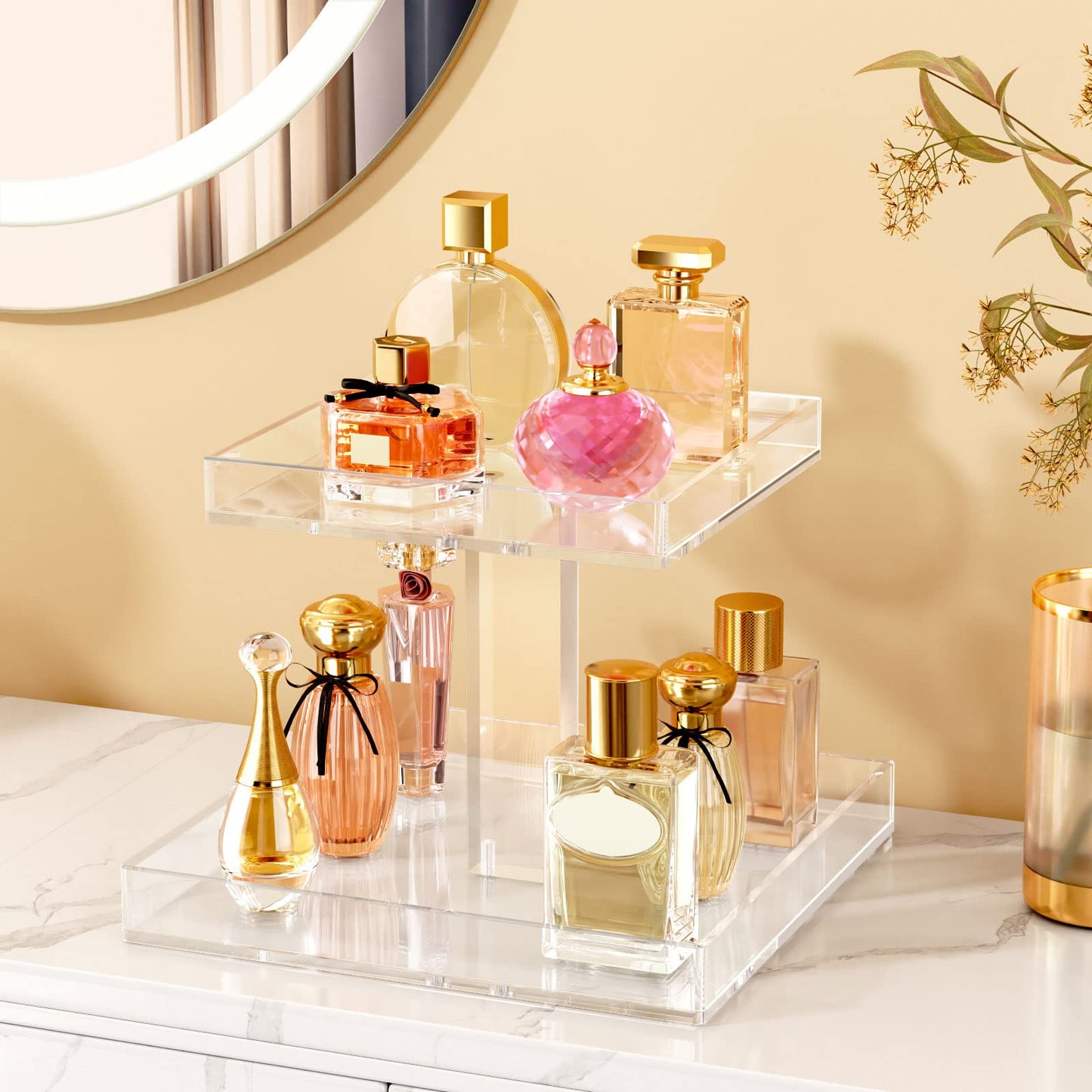 NIUBEE 2-Tier Acrylic Bathroom Cosmetic Storage Organizer for Dresser and Countertop - Standing Perfume Tray for Bedroom Decor