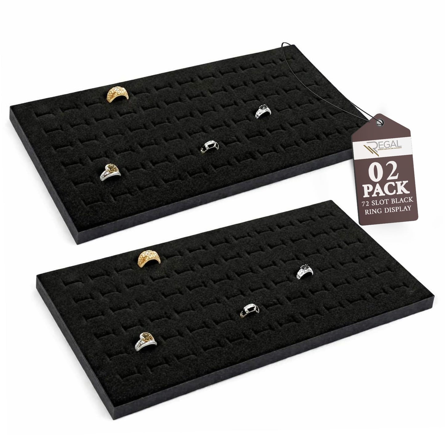 RJ Displays 72 Slot Black Ring Display Inserts for standard Jewelry tray size 14 1/4" x 7 3/4" x 1/2" Inch for Showcase, Counter top display. Micro Fiber polishing cloth included (Black, 2 Pack)