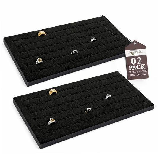 RJ Displays 72 Slot Black Ring Display Inserts for standard Jewelry tray size 14 1/4" x 7 3/4" x 1/2" Inch for Showcase, Counter top display. Micro Fiber polishing cloth included (Black, 2 Pack)