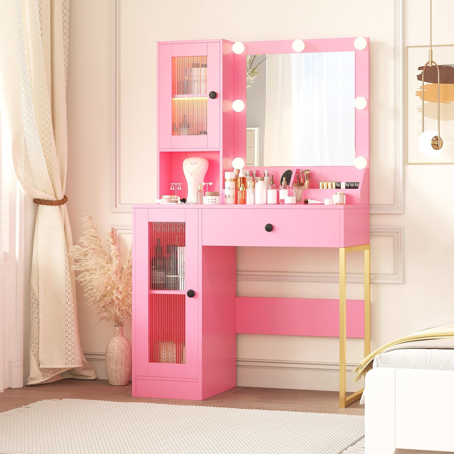 Makeup Vanity Desk with Mirror and Lights, Vanity Table with Charging Station, RGB Lights Wood Dressing Table for Bedroom, for Girls
