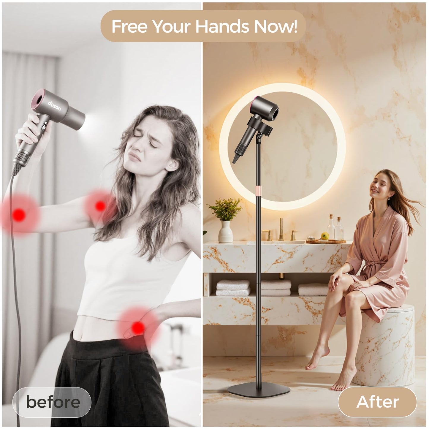 Hair Dryer Stand, 1.68M Height Adjustable Blow Dryers Holder, Ultra Stable Holder with 360° Rotating, Universal Clips, Work with All Dryer, Floor Dryer Stand for Salons or Home Use