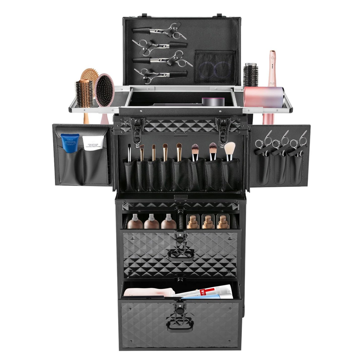 Kebayuneth Rolling Lockable Makeup Train Case, Hairdressing Travel Case with Wheels, Large Storage Cosmetic Trolley Makeup Rolling Train Case with Hairdryer Holder for Families, Barber Stores