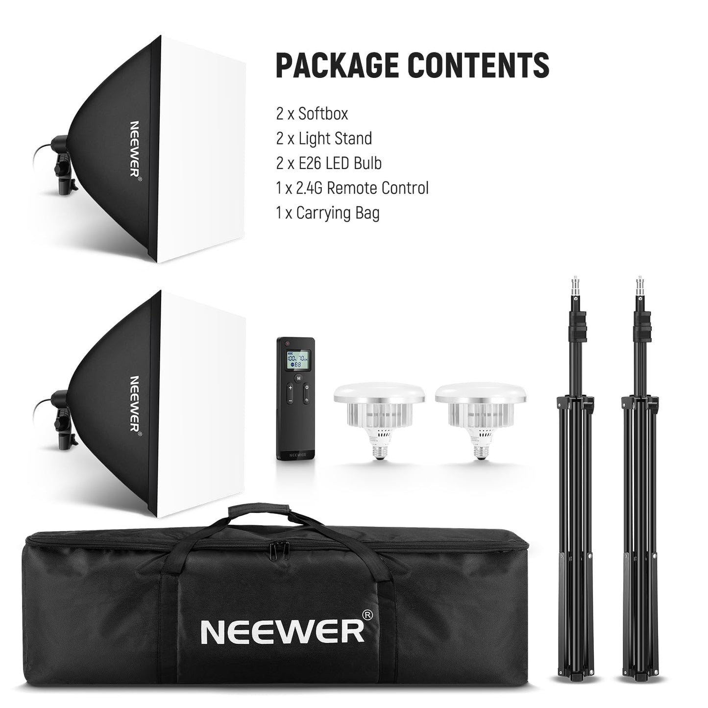 NEEWER 2Pcs 24"x24" 900W Equivalent Softbox Lighting Kit with Tripod Stands, 45W Bi Color 2.4G LED Bulbs, Remote, 10 Channels 2900K-7000K 1400lx/m CRI95, Photography Continuous Lighting Kit, NK103