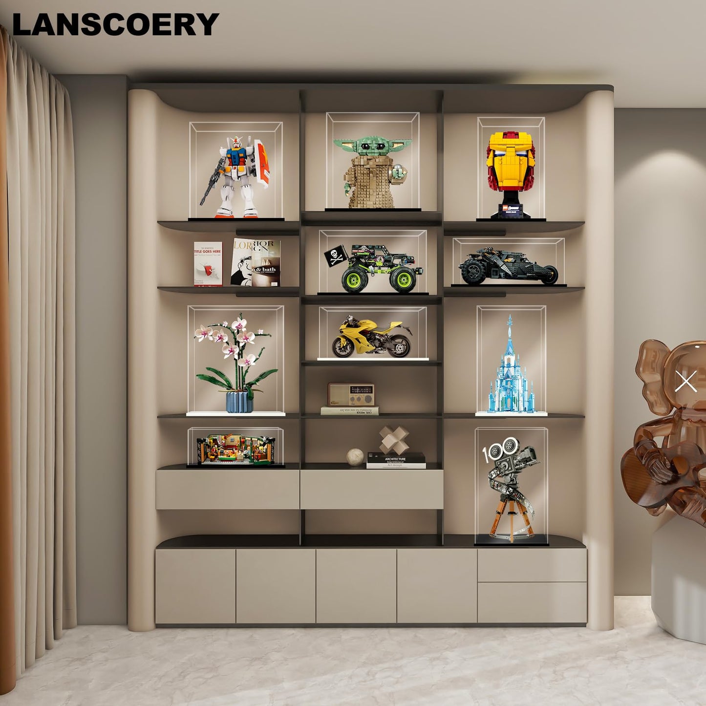LANSCOERY Acrylic Display Case, 11x5.5x5.5 in, Upgraded Thickened UV-Resistant Showcase, 98% Clarity Dustproof Box with Glossy Black Base for Action Figures, LEGO & Models, Scraper & LED Light