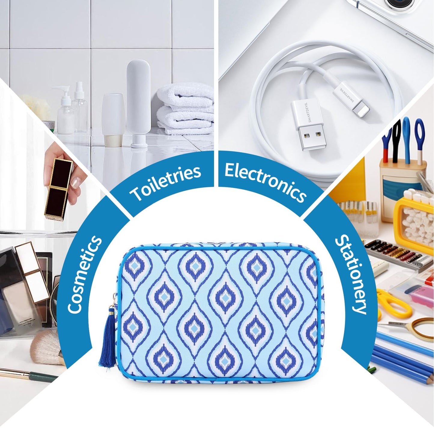 EMBRUNIOICE Makeup Bag Travel Cosmetic Bag Organizer Tassel Toiletry Bag Large Canvas Zipper Pouch Mahjong Tile Bag (Ikat Blue)
