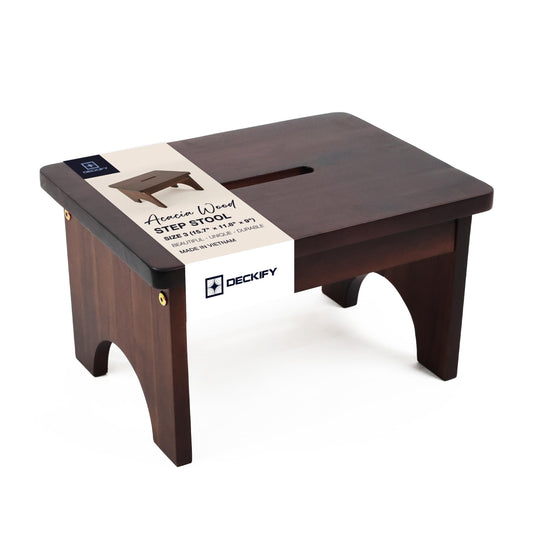 DECKIFY Premium Wooden Step Stool for Adults, Small Acacia Wood Stepping Stool, Non-Slip 1-Step Bedside Stool for Bed & Bathroom, 600 lbs, Portable, Rich Walnut, 9.0 Inch