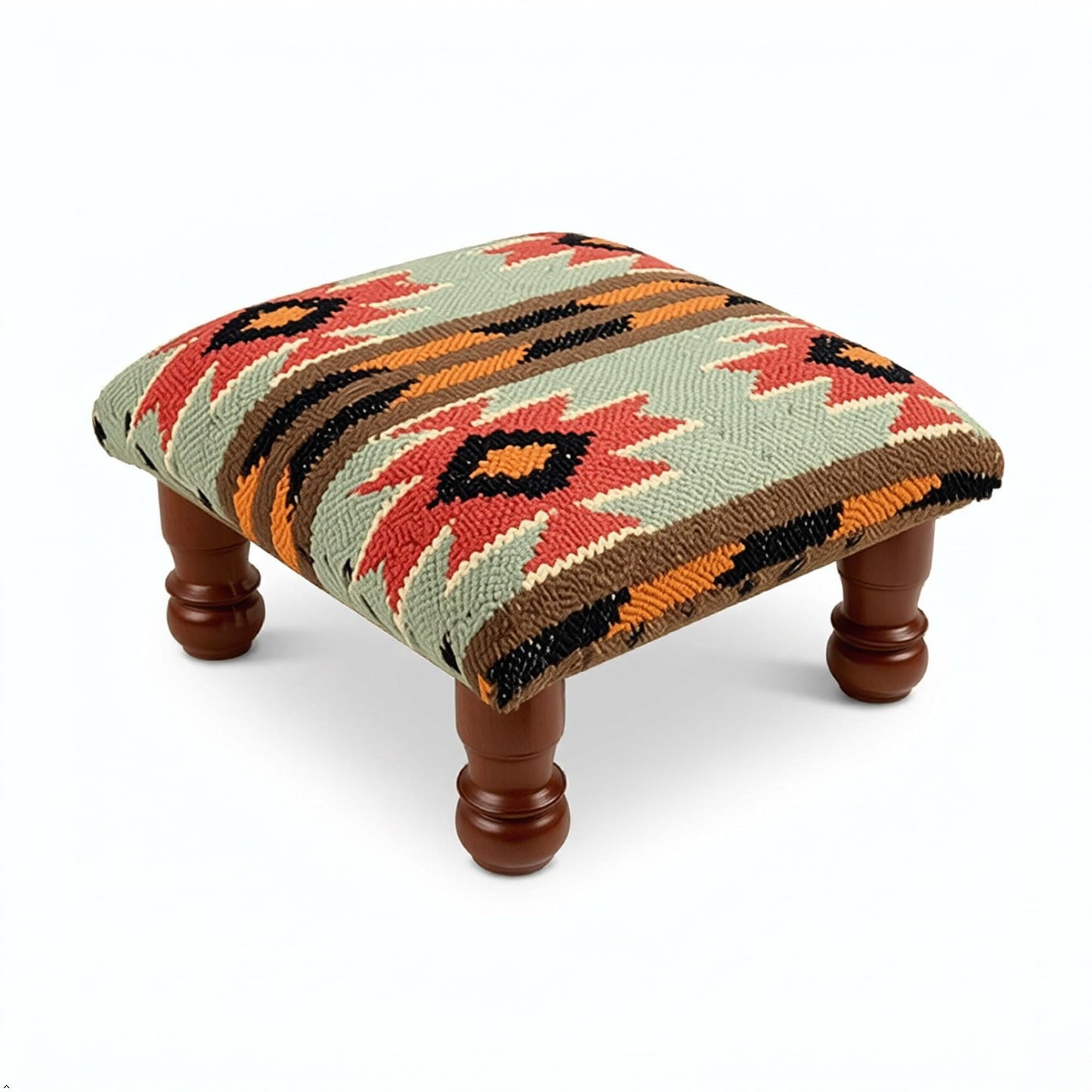 Sanwariya Rugs Kilim Upholstered Ottoman Foot Bench Acacia Wood Tribal Pattern