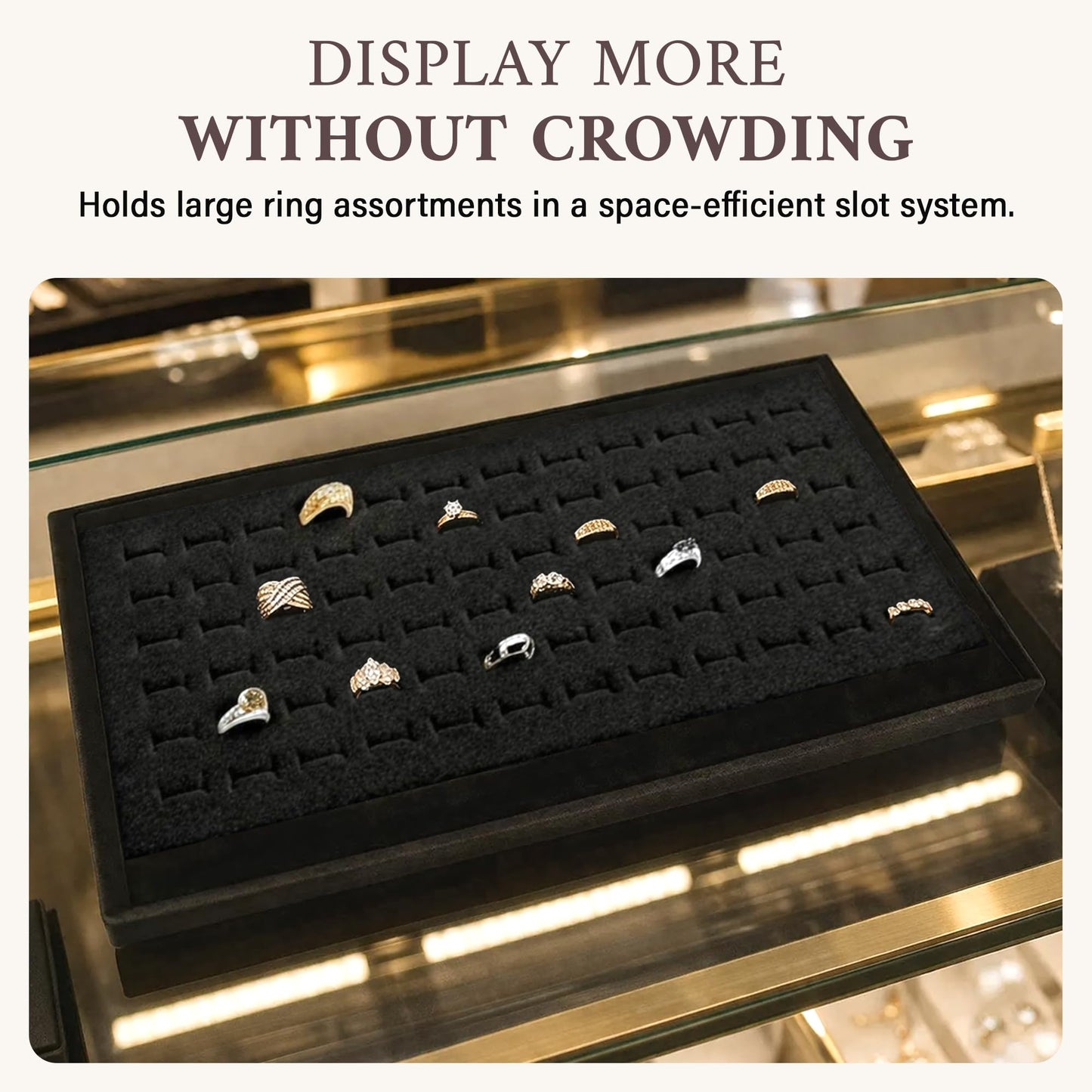 RJ Displays 72 Slot Black Ring Display Inserts for standard Jewelry tray size 14 1/4" x 7 3/4" x 1/2" Inch for Showcase, Counter top display. Micro Fiber polishing cloth included (Black, 2 Pack)