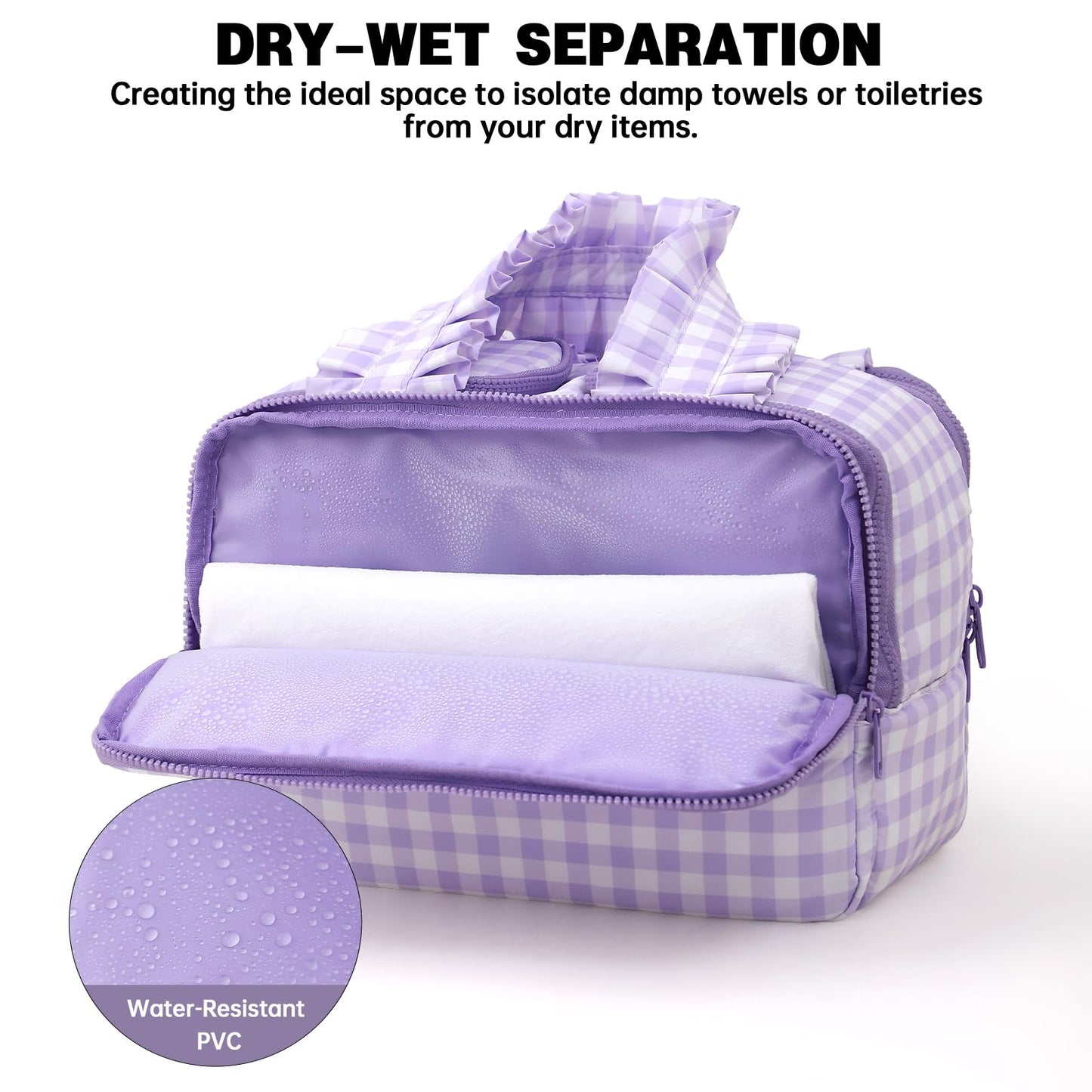 THOVSMOON Travel Toiletry Bag for Women,Water-resistant Large Gingham Makeup Cosmetic Organizer with Ruffles Handle for Traveling, Toiletries, Cosmetic, Essentials Accessories(Purple Gingham)