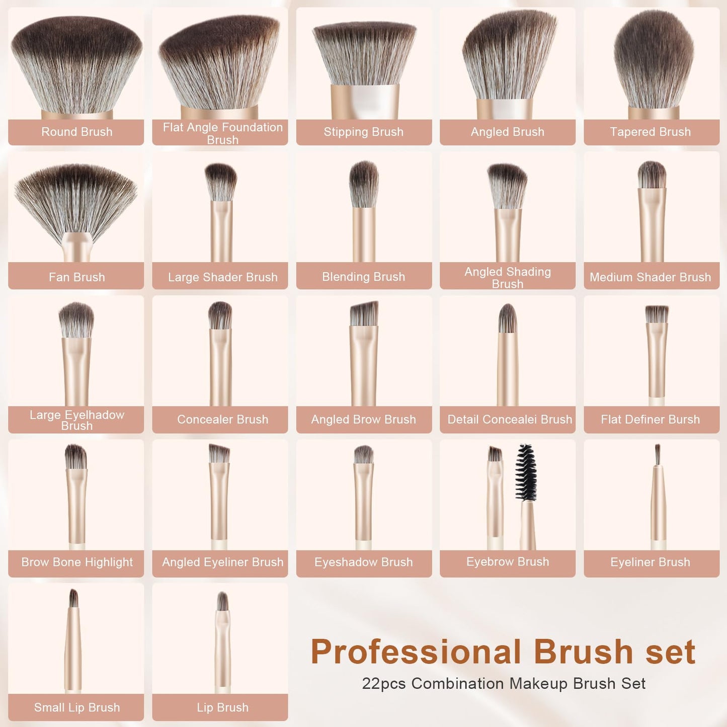 15PCS Champagne Gold Makeup Brushes & 22Pcs Makeup Brushes Set Professional with Fold Case Make up Brushes Gift Set