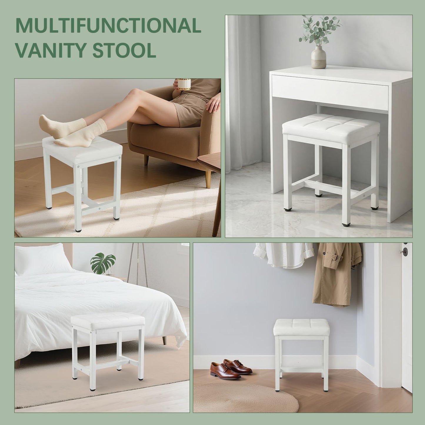 FLYZC Vanity Stool Chair, Square Faux Leather Makeup Chair with Metal Legs, Cute Small Ottoman Vanity Bench, Foot Stool Chair for Vanity for Bedroom, Living Room, Bathroom, White