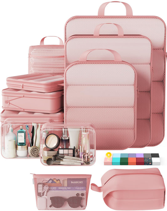Veken 11-Pack Compression Packing Cubes for Travel Essentials,Compressible Expandable Large Luggage Suitcase Organizer Bags for Clothing,Durable Space Saver Bags with Toiletry Bags(Pink)