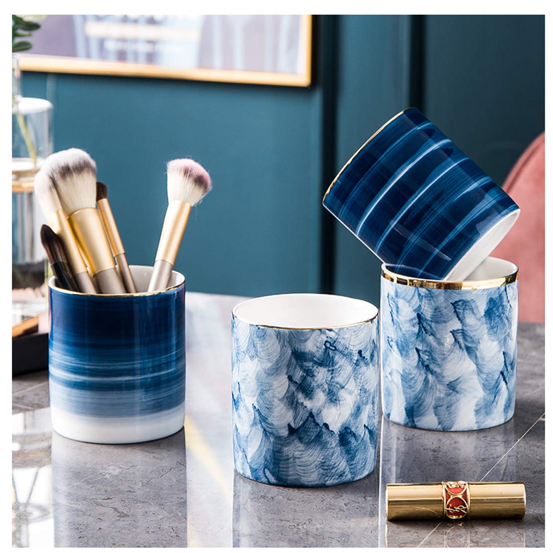 Ceramic Pen Holder Stand Cup Pencil Organizer Makeup Brush Holders for Home Office Desk (B)