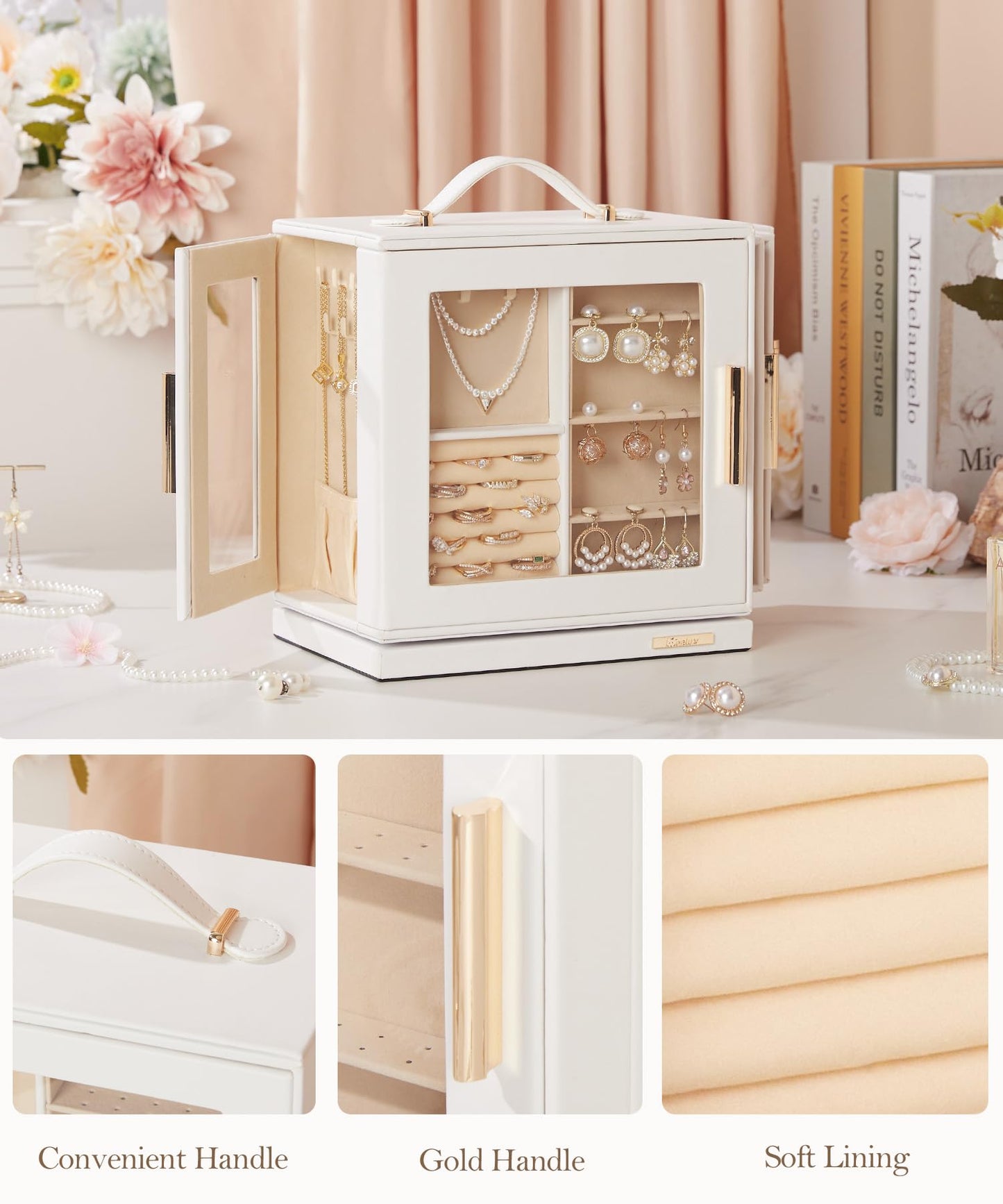 Homde Jewelry Box for Women Large: Rotating Organizer for Ring Earring Necklace Bracelet - 7 Drawers Storage for Dresser (White)