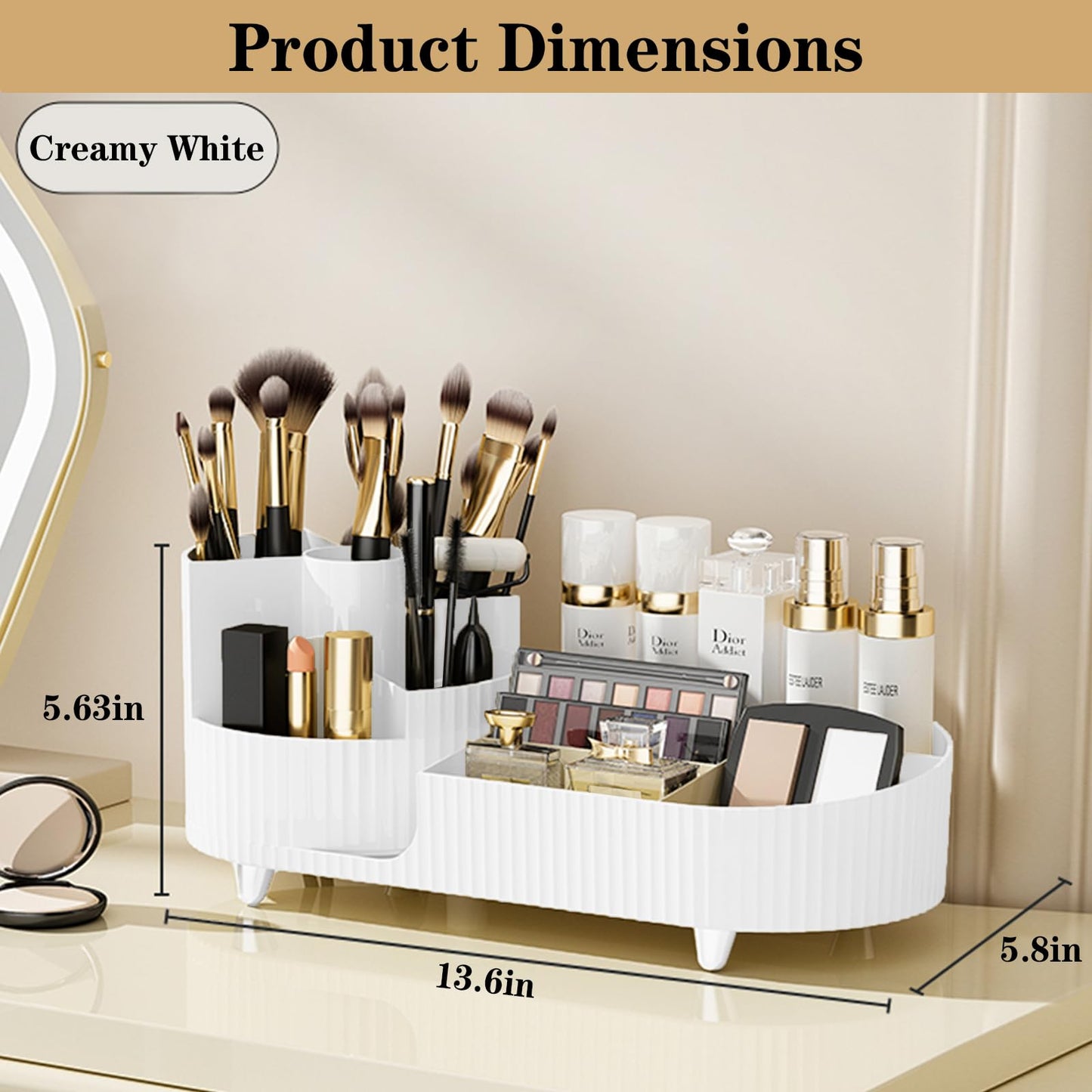 Rotating Vanity Organizer with Brush Holder, Large Spinning Makeup Skincare & Cosmetic Organizer, Countertop Perfume & Lotions Display Case (White)