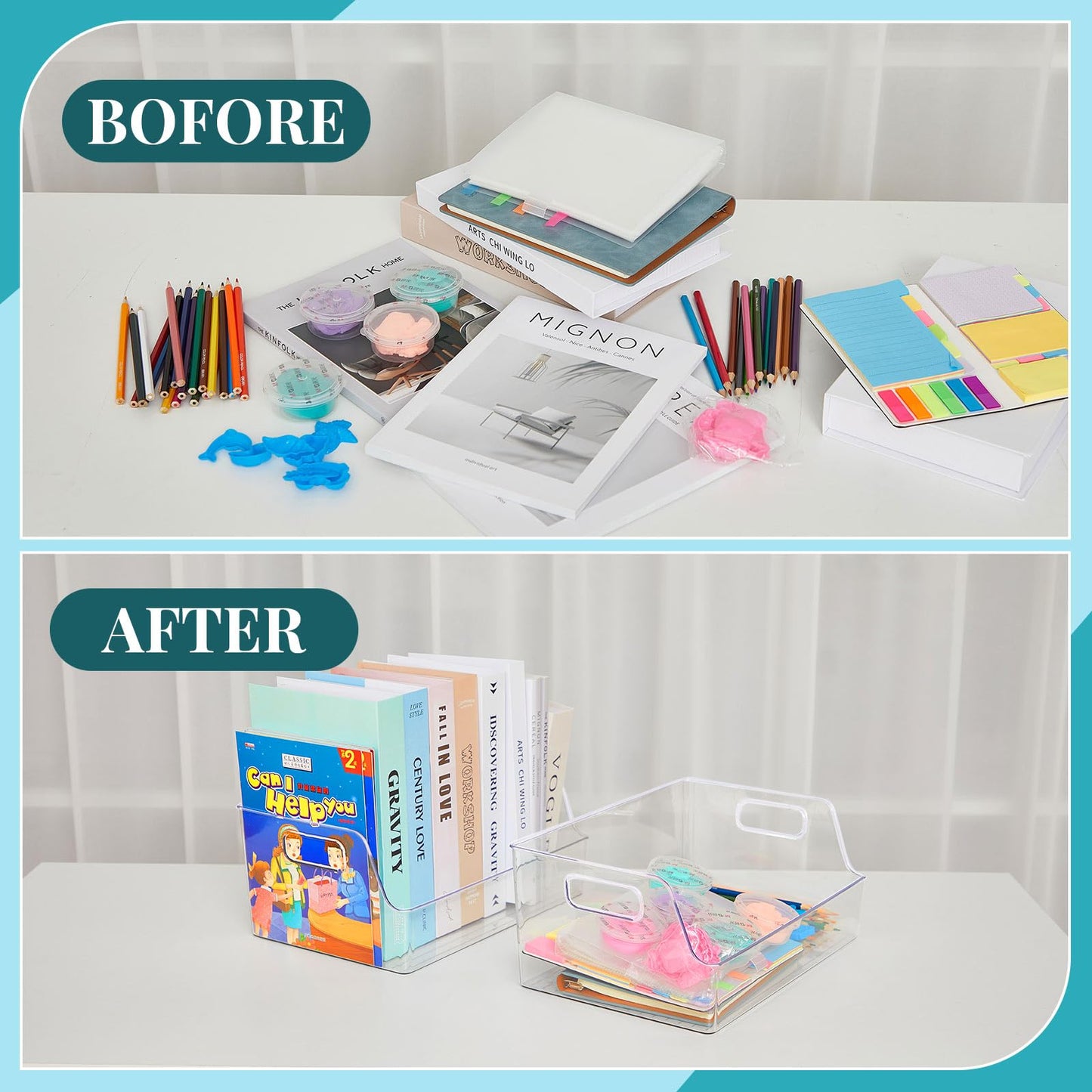 Menkxi 8 Pcs Clear Large Storage Book Display Case 13 x 8.5 x 5.9 Inch Book Organizer Stackable Bookcase Display Storage Containers with Handle Office Bookshelf Organizer Rack for CDs Magazine