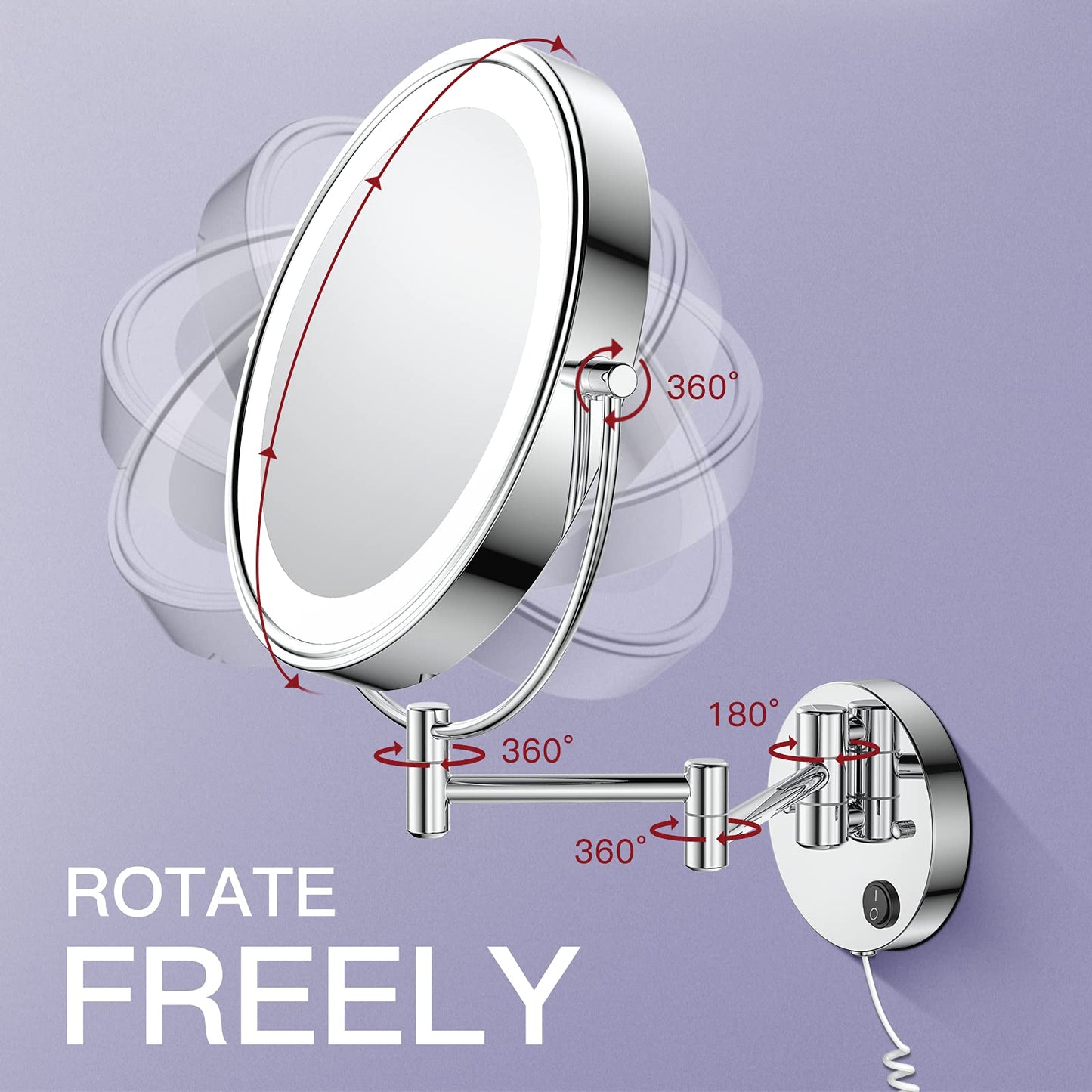 Benbilry 9" Large Size Wall Mounted Lighted Makeup Vanity Mirror, 1X/10X Magnifying 2-Sided AC Plug-in Powered Bathroom Mirror, 360° Swivel 13 Inch Extendable Arm, Chrome