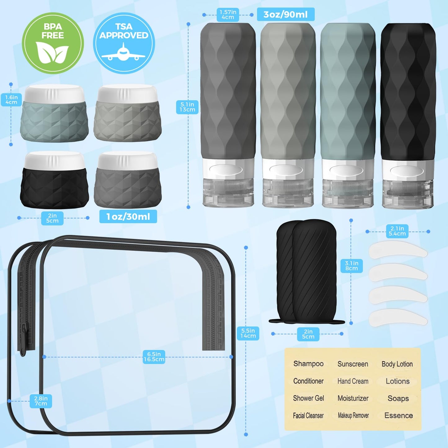 16Pack Travel Bottles for Toiletries, TSA Approved Travel Size Toiletries Containers Set, Silicone Leak Proof Refillable Bottles Elastic Sleeves Creams Jars Accessories Kit W/Clear Bag (Gray)
