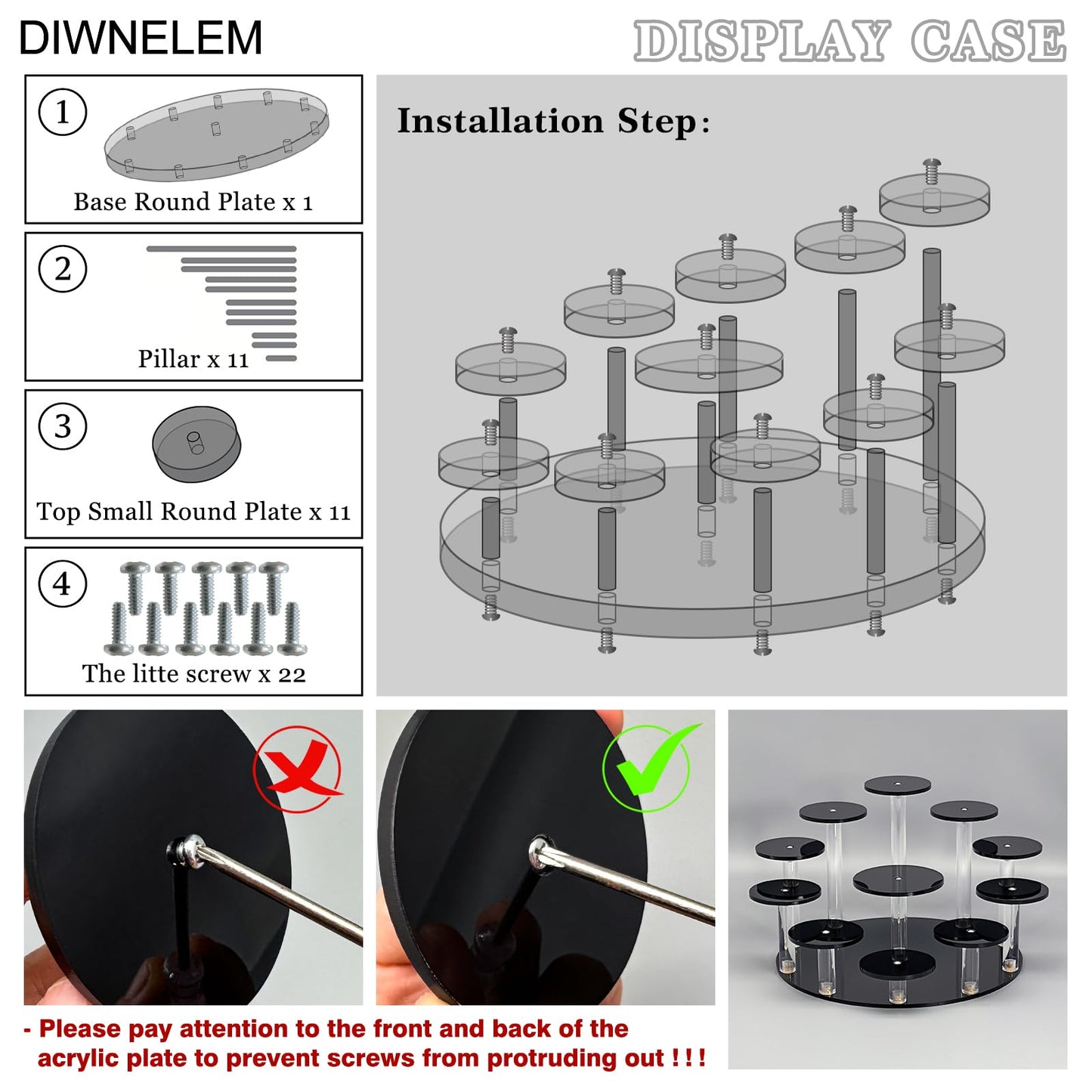 DIWNELEM Round Jewelry Stand Acrylic Display Riser Stands Dessert Tower Display Tower for Watch,Jewelry,Rings,Earrings,Mini Figurines,Cupcakes(Black,11Tier)