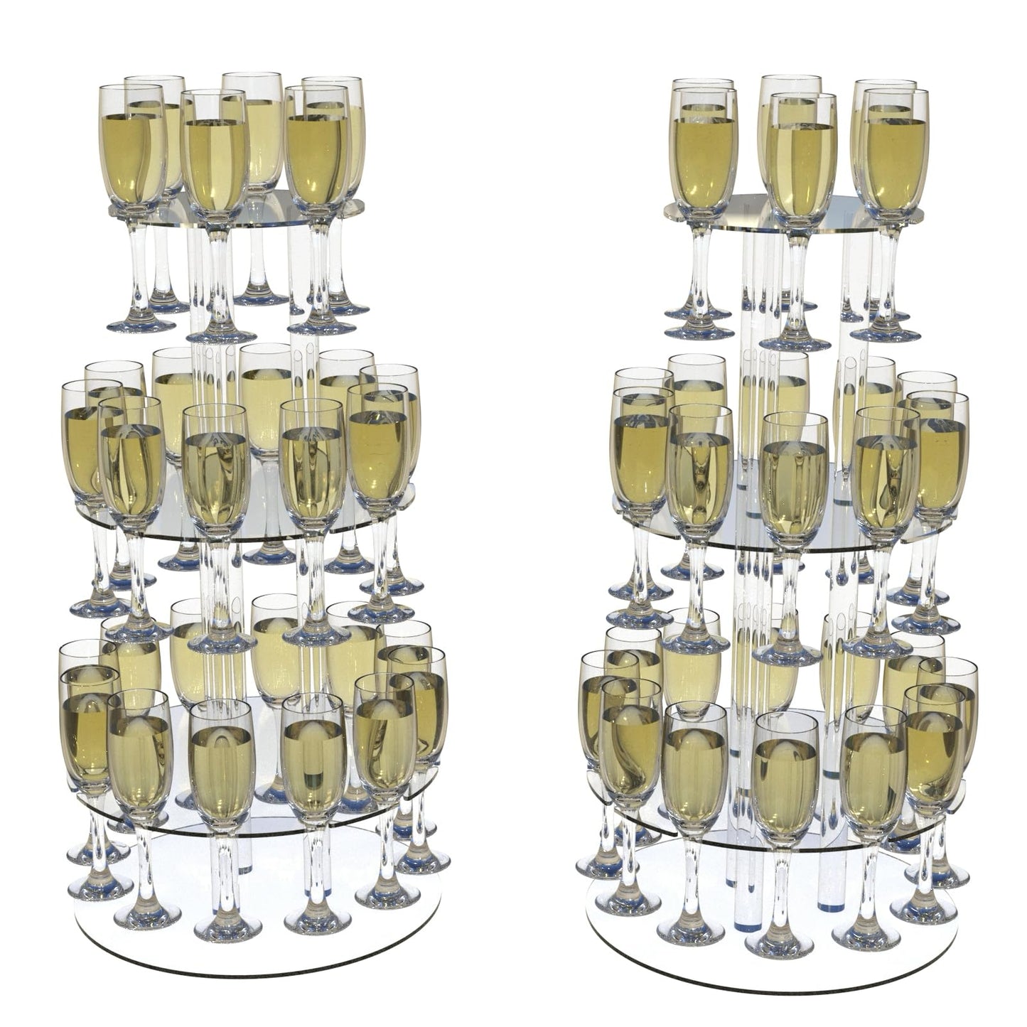Laumffon Champagne Tower, Circle Acrylic Champagne Display Rack Stand with 28 Slots, 3 Tier Floating Sight Champagne Flute Holder for Party, Wedding, 13.4x13.4x25.5 inch, 2Pcs