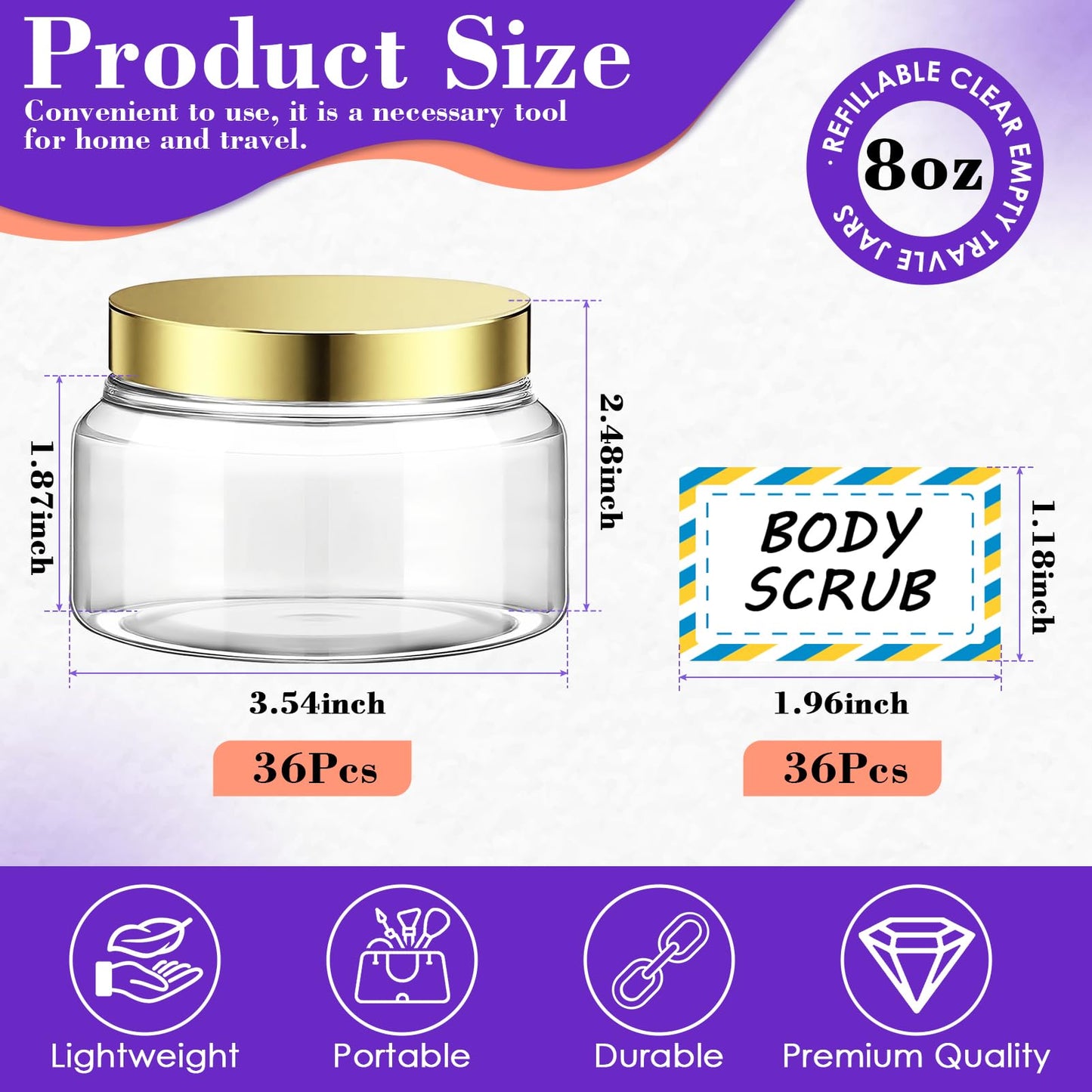 36 Pack 8 oz Plastic Cosmetic Containers With Lids Refillable Clear Empty Travel Jars Containers for Body Butter,Sugar Scrubs,Cream,Lotions,Candy, Waterproof Label&Spatulas - (Gold)