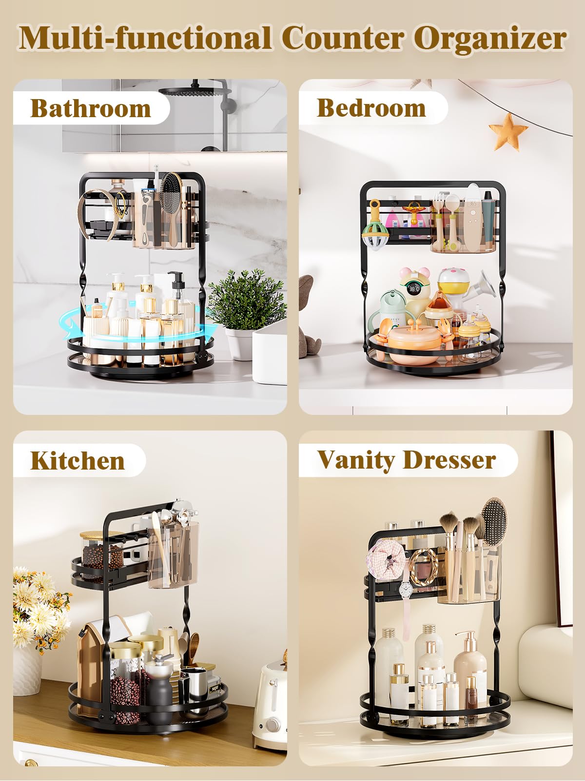 DUANFEE 360 Rotating Makeup Organizer, 2-Tier Black Perfume Organizer for Dresser, Bathroom Counter Organizer, Lazy Susan Vanity Tray Spinning Skincare Storage with Jewelry Hooks & Makeup Brush Holder