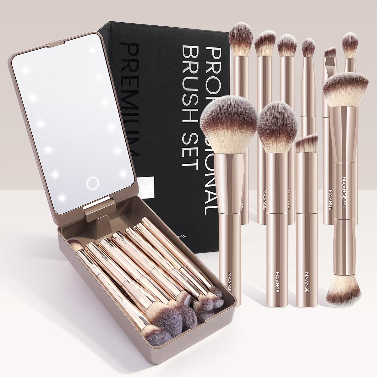 MAANGE Makeup Brush Set 10 Pcs Travel Makeup Brushes Double-ended Kabuki Brush for Foundation Powder Concealers Eye Shadows Makeup Tools Set with LED Light Mirror (Gold)