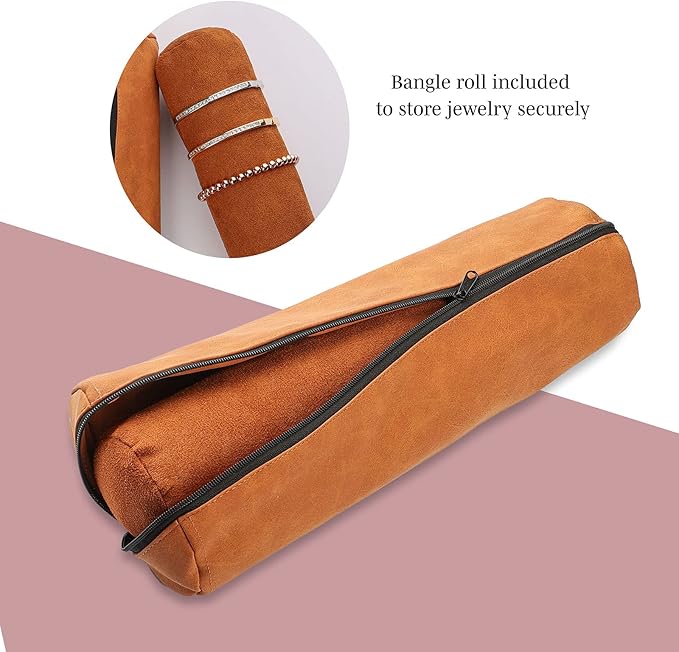 Novel Box Chestnut Brown Faux Leather Bangle/Bracelet/Watch Roll 12.25x3x3 Inches with Matching Zipper Pouch - Portable Organizer Pouch with Removable Roll Insert for Travel, Retail & Personal Use