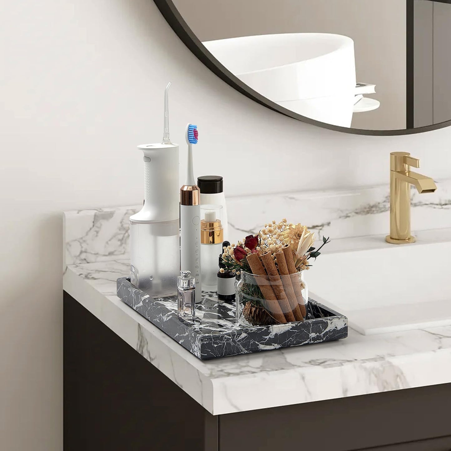 MULWR Marble Bathroom Tray,Pure Natural Vanity Tray,Marble Tray for Kitchen Counter Non-Ceramic/Non-Resin,Stone Trays 12 x 8 inch