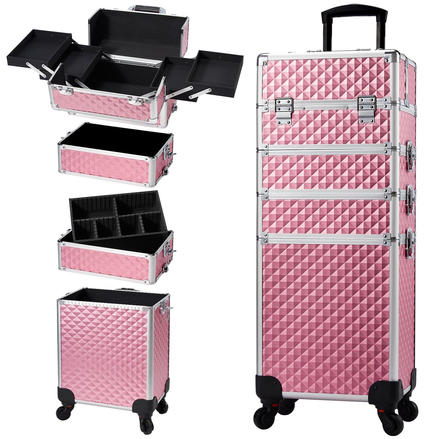 Stagiant Rolling Makeup Train Case Cosmetology Case on Wheels 4 in 1 Large Cosmetic Organizer Box Makeup Travel Case with Key Swivel Wheels Nail Artist Salon Storage Traveling Cart Big Trunk Pink