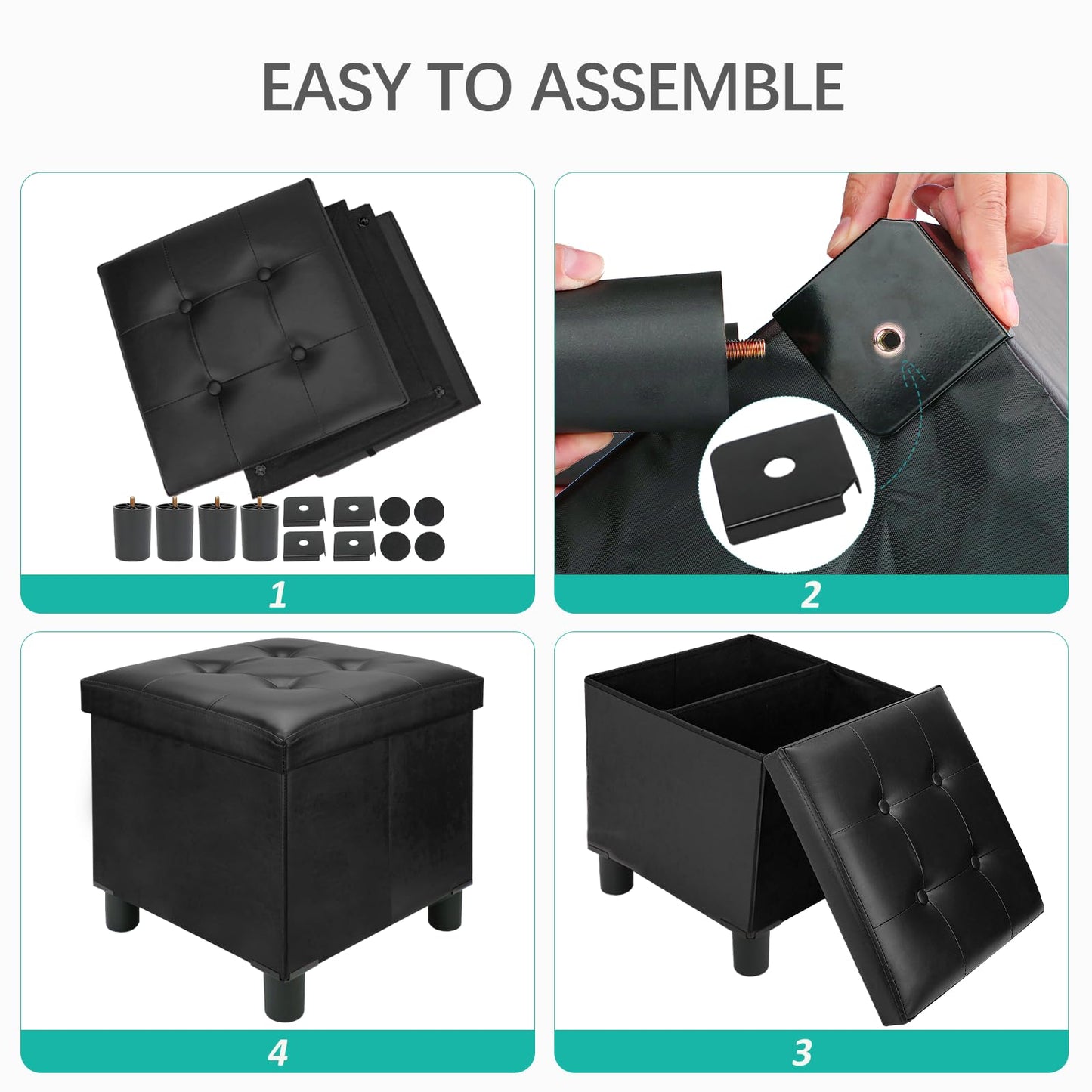Emosoon 18 Inches Cube Storage Ottoman, Faux Leather Collapsible Square Folding Ottoman Furniture with Storage for Living Room Bedroom, Foot Rest Foot Stool with Legs, Black 18x18x18 Inches