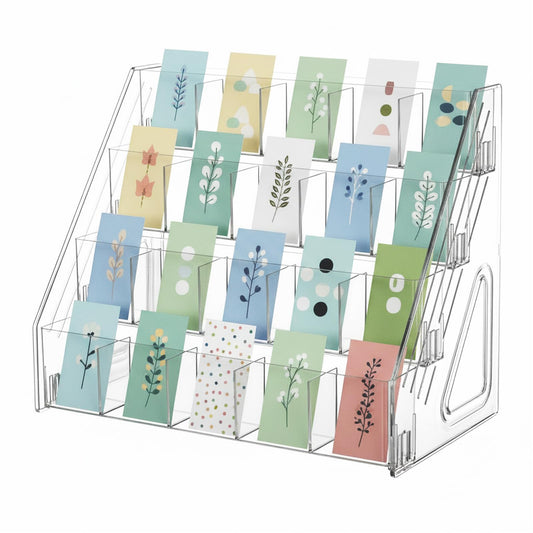 GYSLEOT 4 Tier Acrylic Sticker Display Stand with 20 Divided Pockets, Clear Bookmark Holder Organizer for Vendors, Craft Fairs, Retail Stores, Trade Shows & Desktop Display